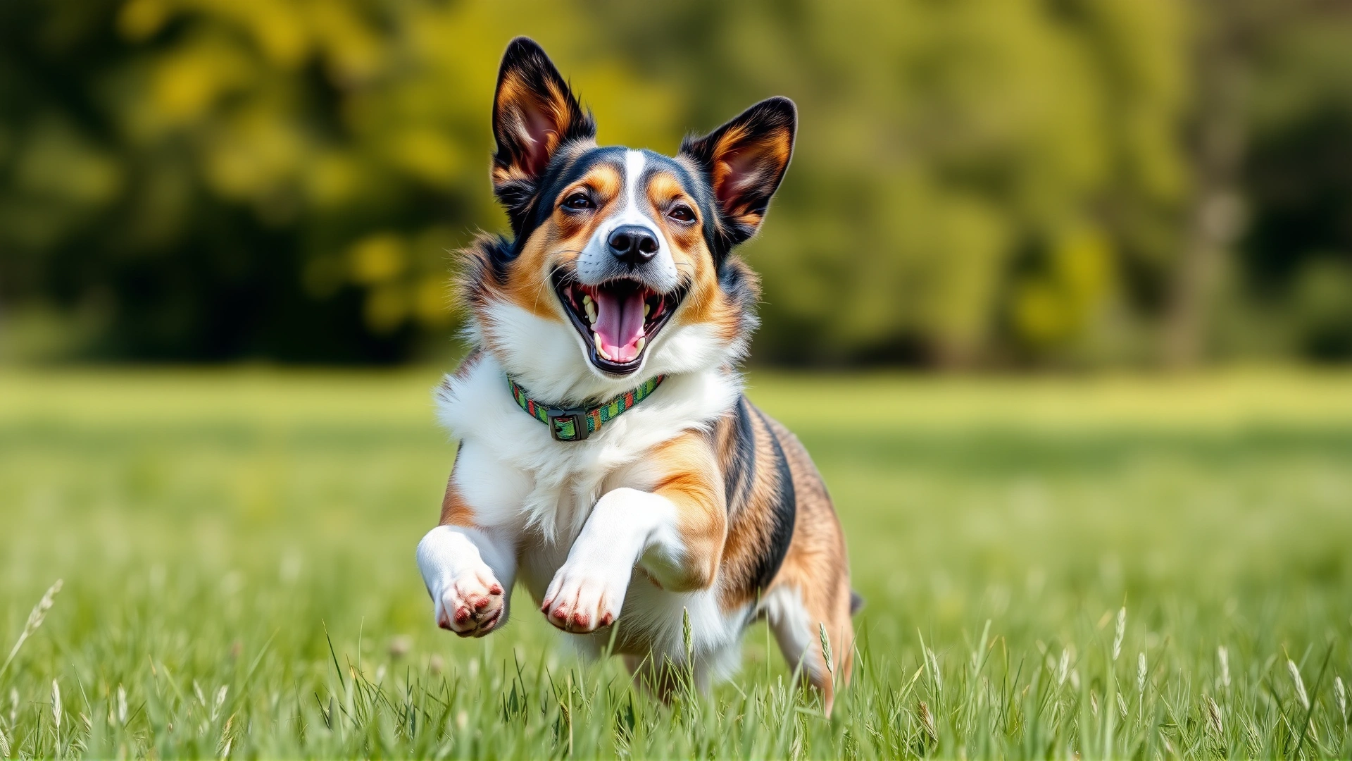 Energetic mixed-breed dog running happily in a grassy field wearing a colorful collar, sunny day, motion blur on background, no text.
