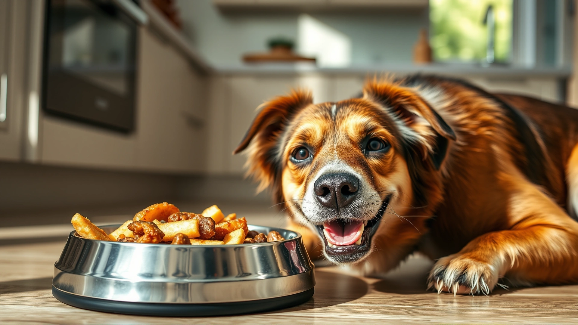 Close-up of a happy medium-sized dog enjoying a healthy meal from a stainless steel bowl on a kitchen floor in natural lighting.
