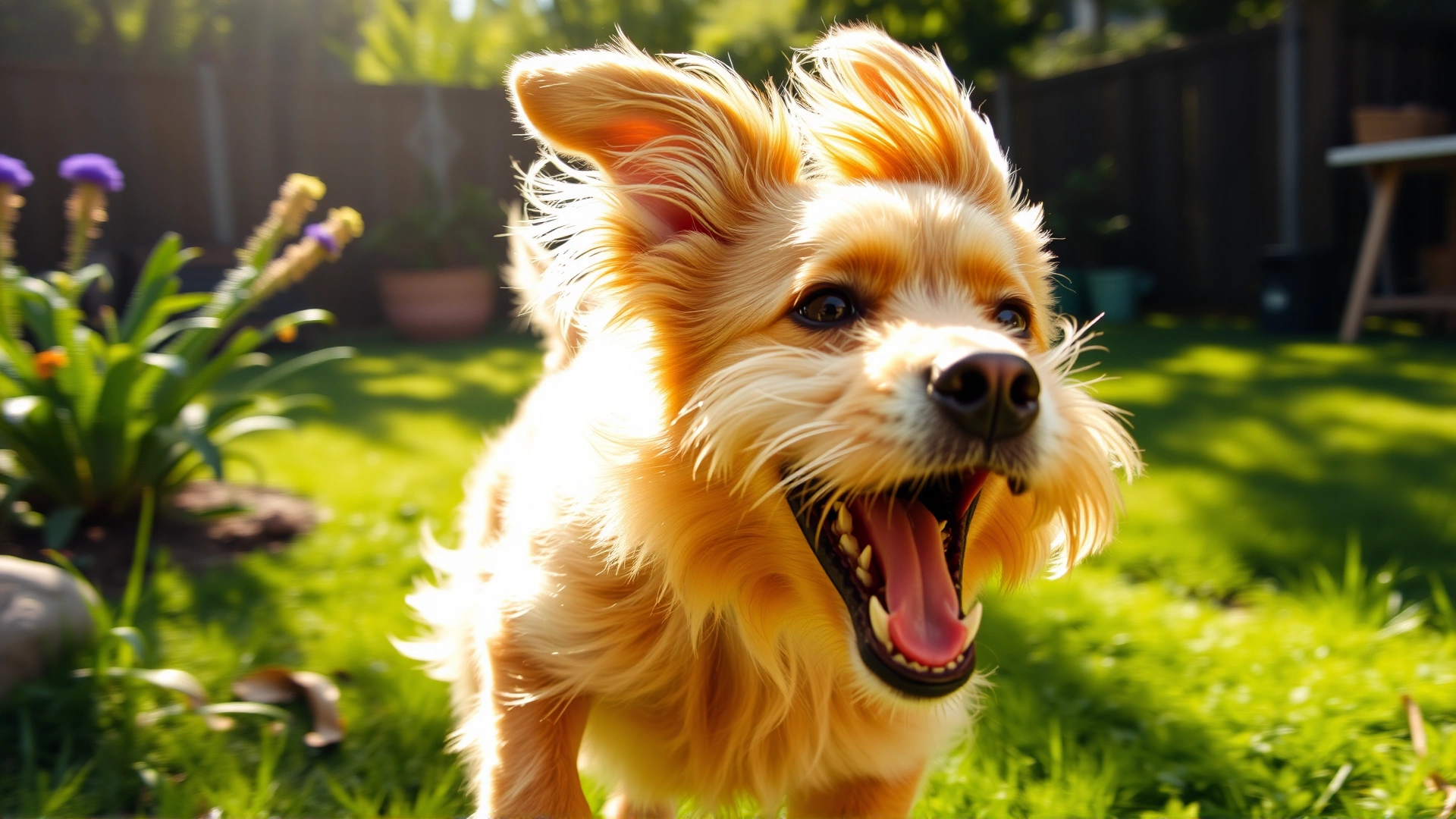Energetic dog running and playing in a sunny green backyard, ears flapping, motion freeze, vibrant colors