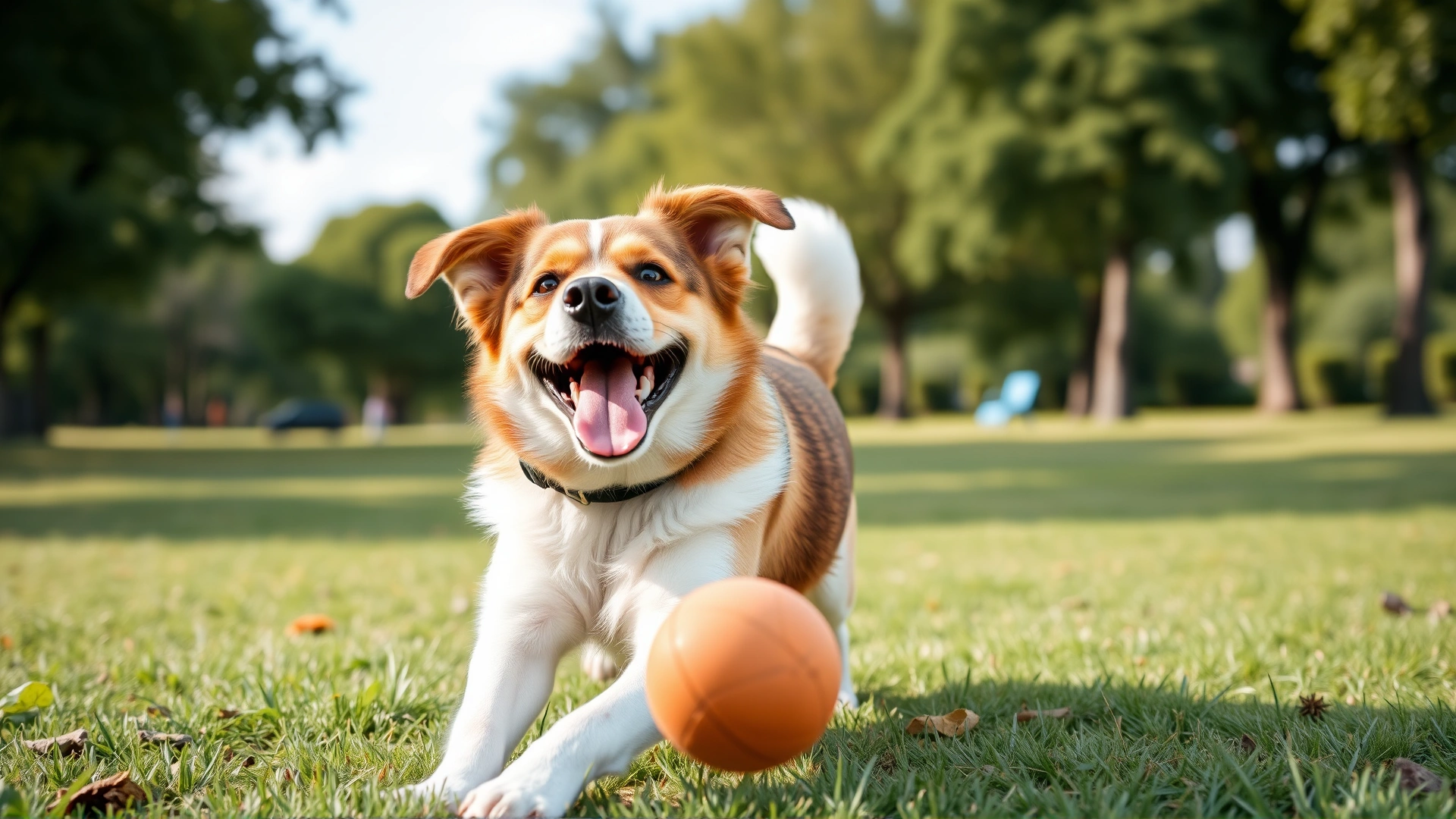 Happy mixed-breed dog playing fetch with a ball in a green park on a sunny day, no text