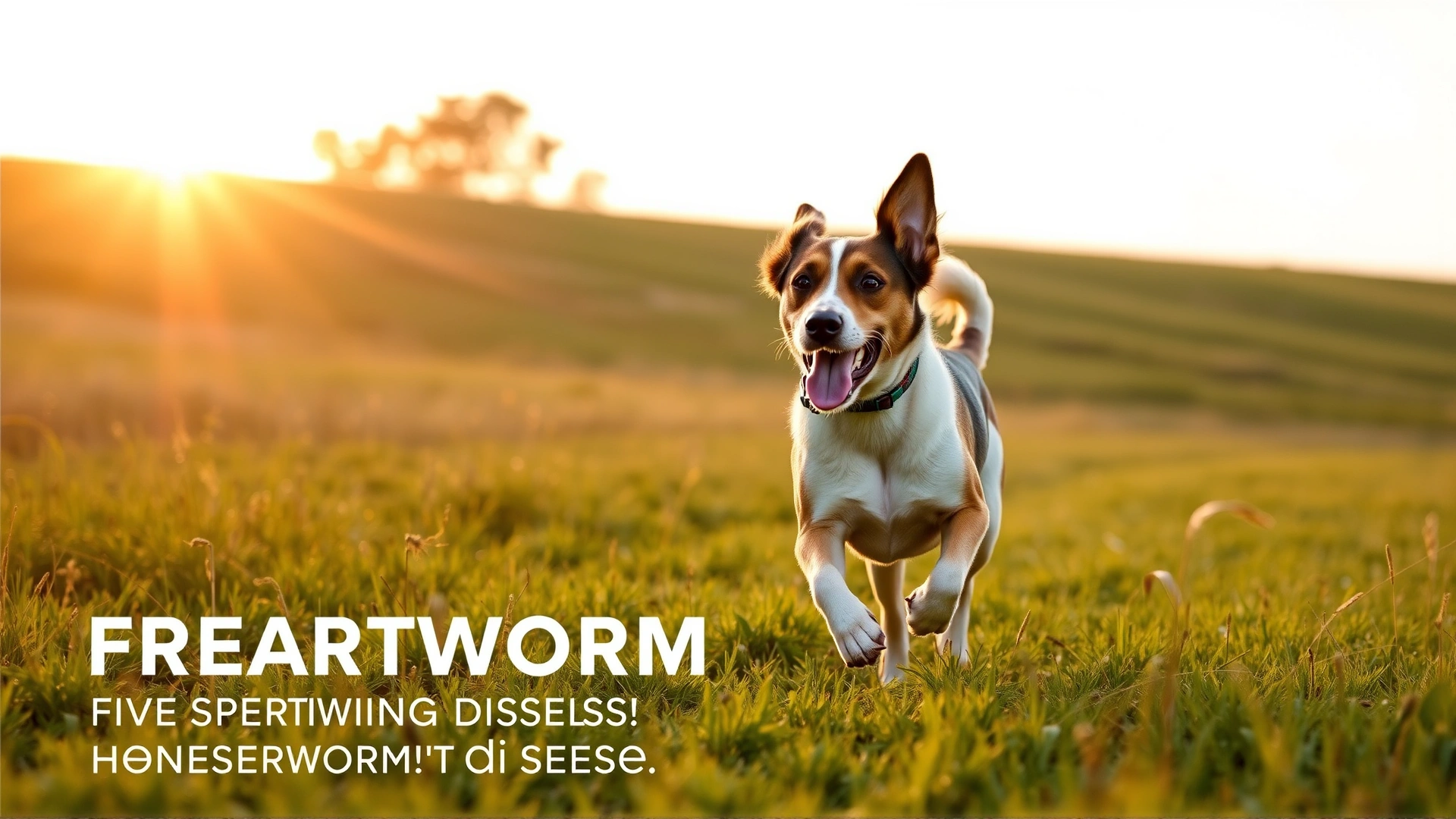 A healthy, energetic dog running through a sunlit grassy field at sunset, symbolizing freedom from heartworm disease.