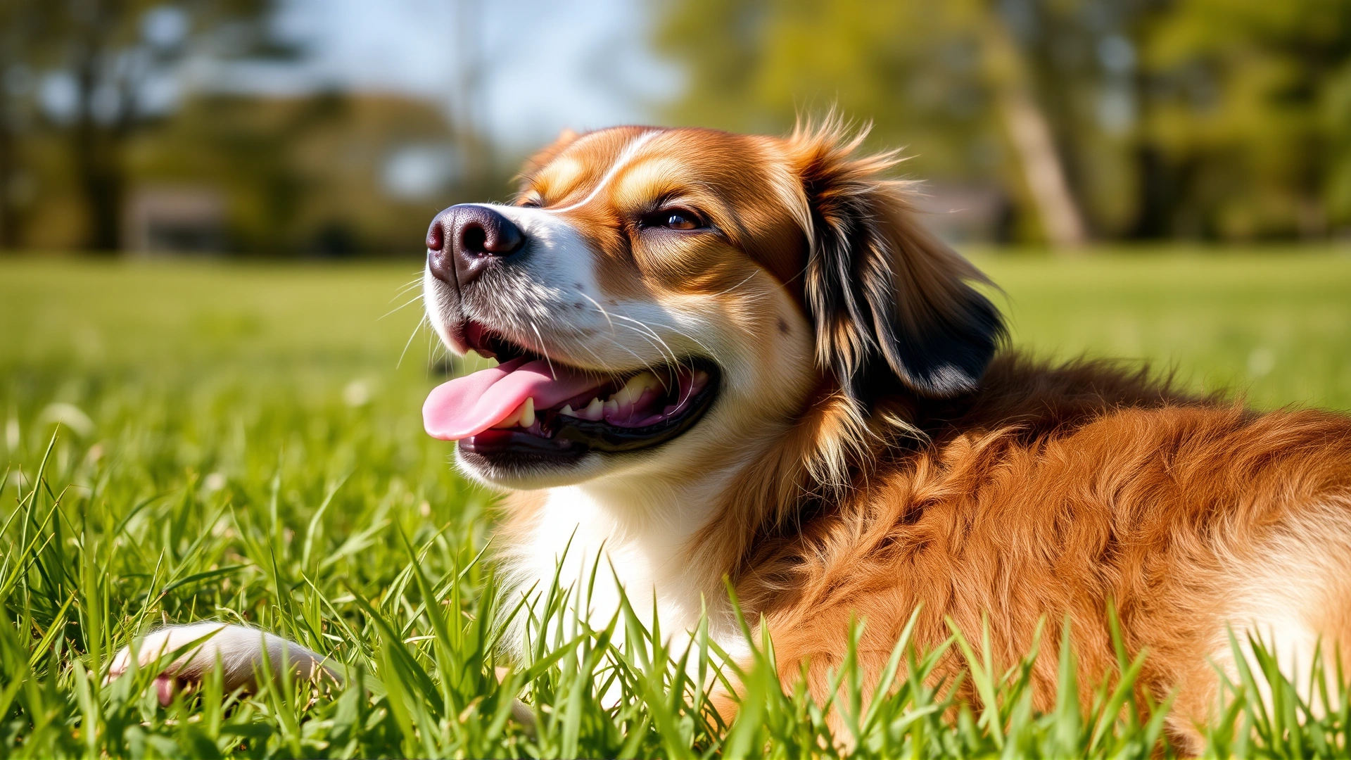 A joyful dog lying on fresh grass under the sun, looking content and healthy.