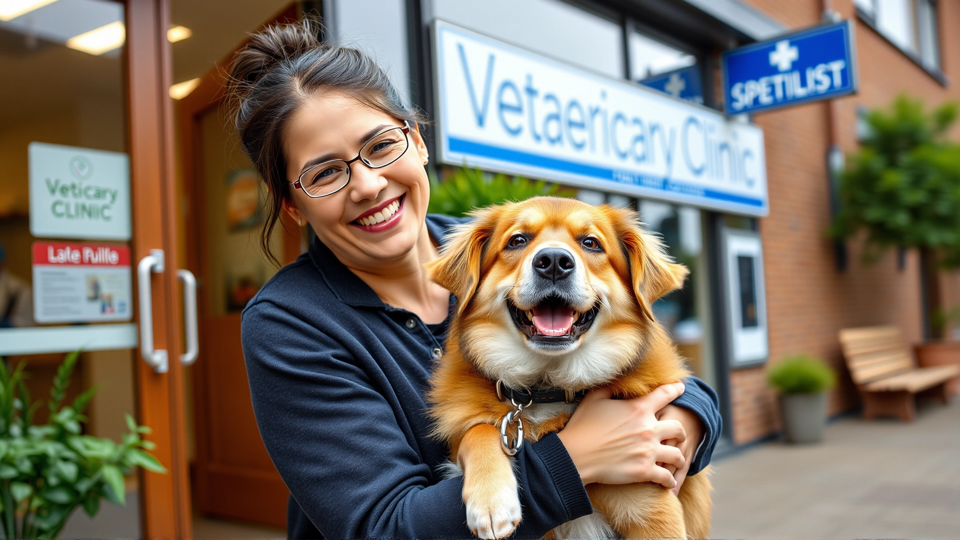 A smiling dog owner hugging her healthy dog outside a veterinary clinic after a successful specialist visit