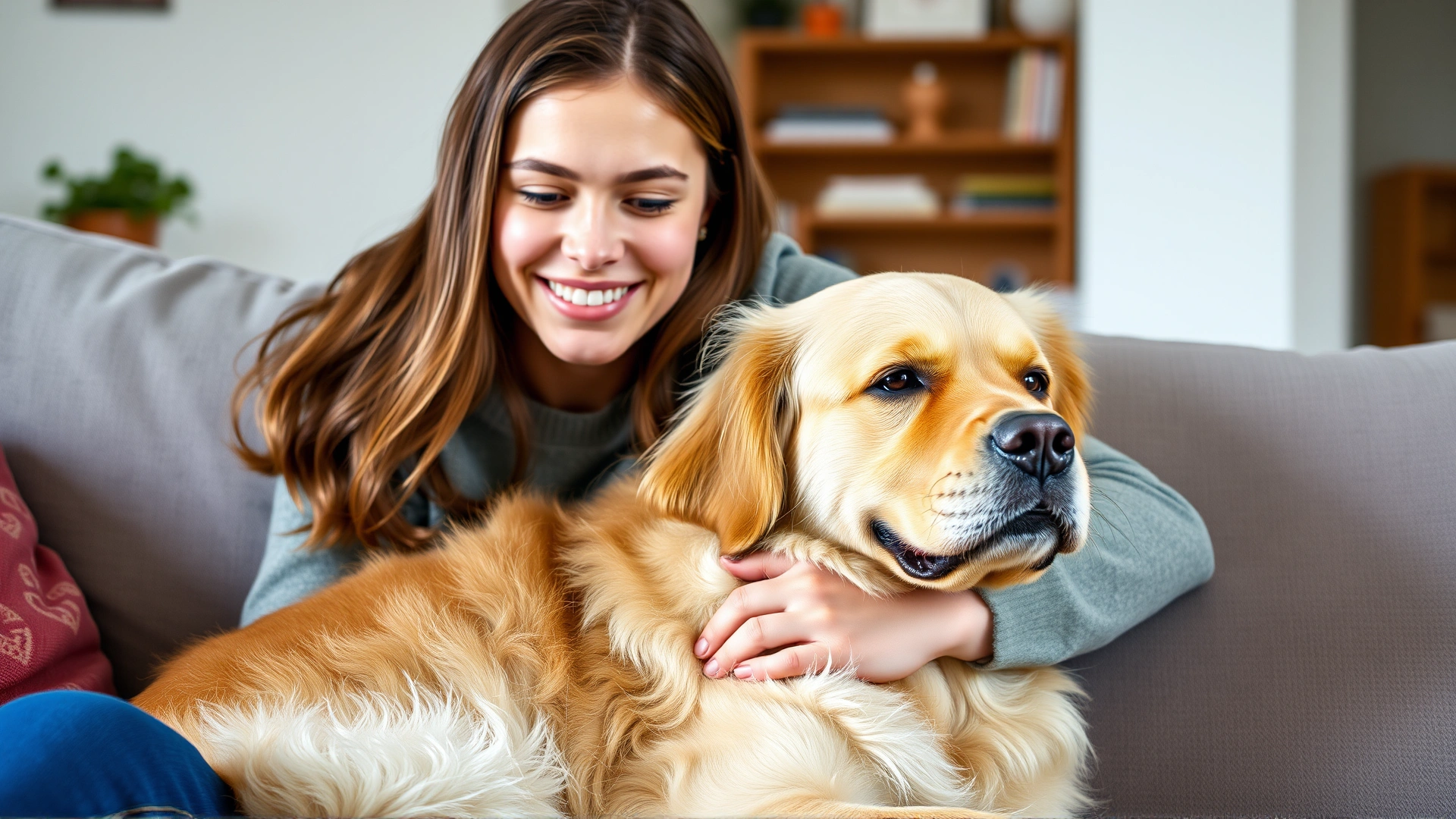 Smiling young woman hugging her senior Golden Retriever on a couch; warm home atmosphere.