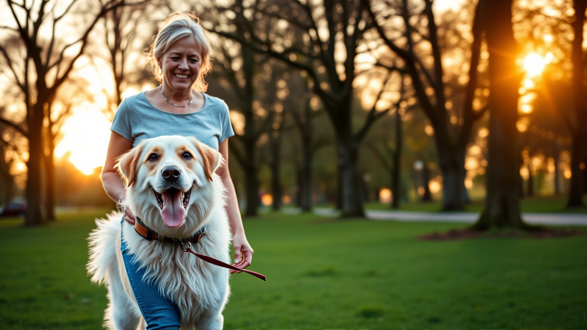Smiling dog owner walking a healthy dog in a park during sunset, illustrating prevention and wellbeing.