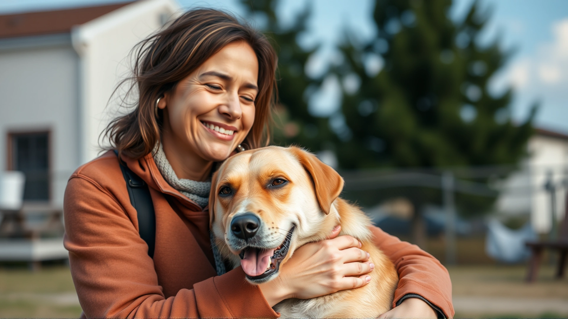 Candid lifestyle shot of a dog owner hugging a well-behaved dog outdoors, both looking relaxed and happy.