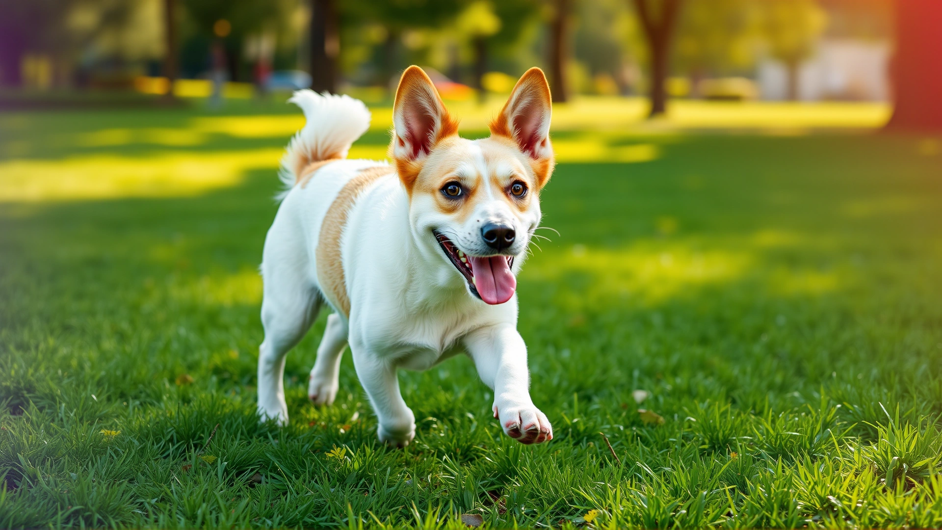 Happy adult dog running in a sunlit park, green grass, carefree expression