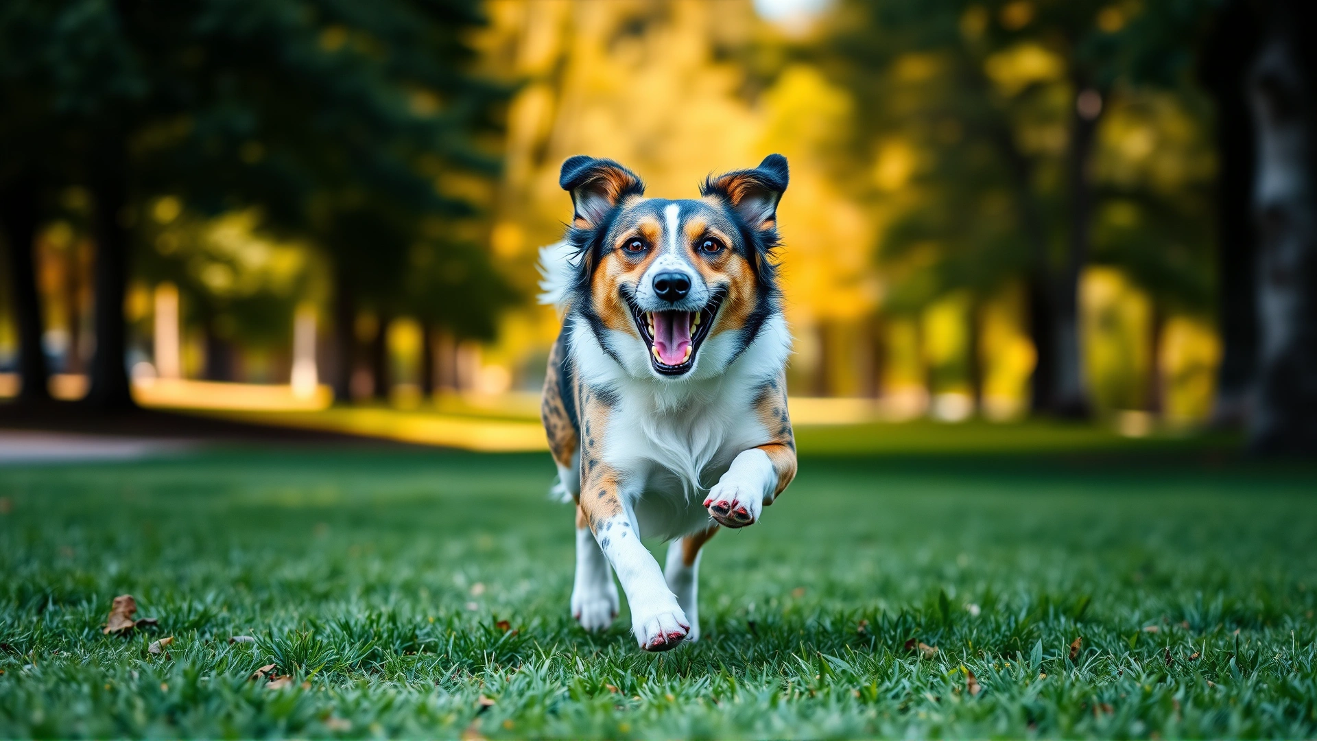 Energetic mixed-breed dog running happily in a green park on a sunny day, representing recovery and well-being