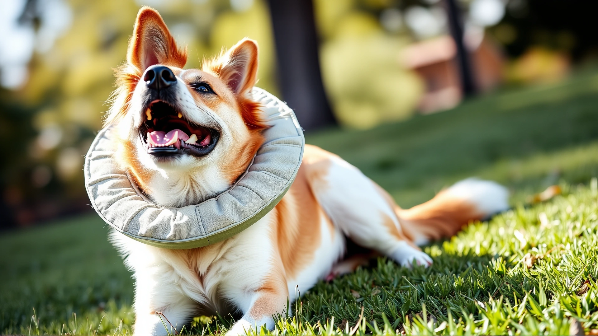 Bright, outdoor photo of a recovered, happy dog wearing a soft recovery collar playing on grass, symbolizing successful postoperative outcome.