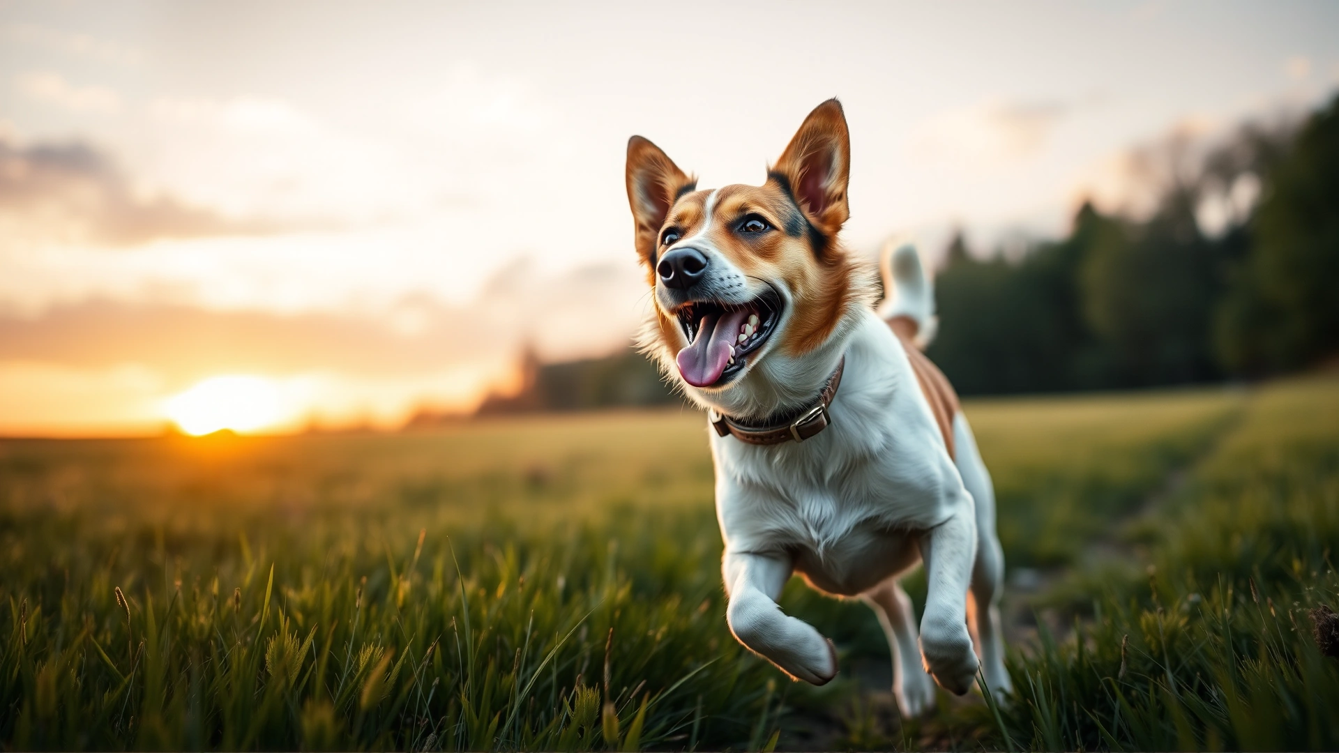 Healthy energetic dog running in a grassy field at sunset wearing a collar, symbolizing successful prevention and vitality.
