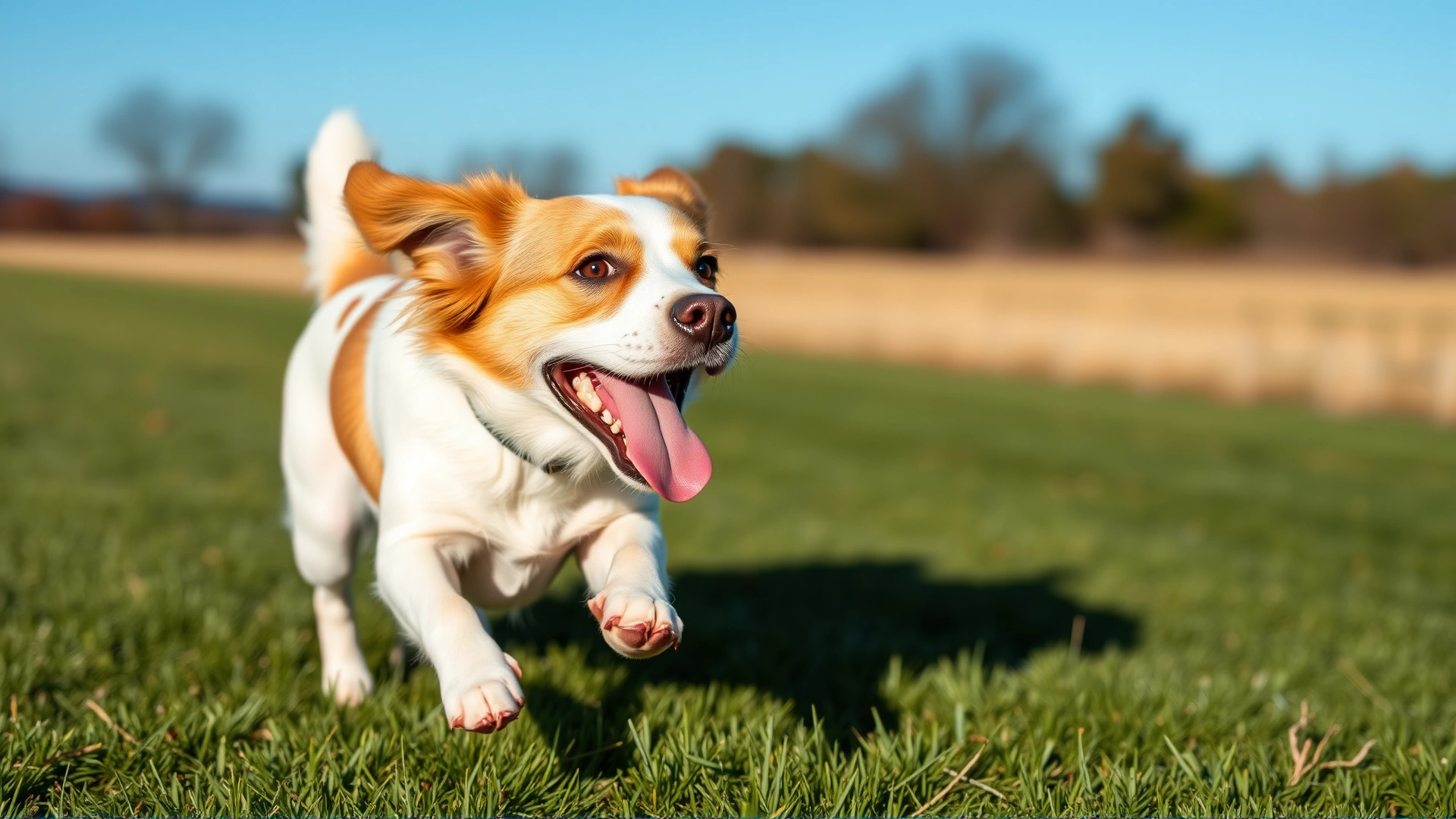 A happy, healthy dog running on green grass with clear blue sky, depicting prevention and wellness