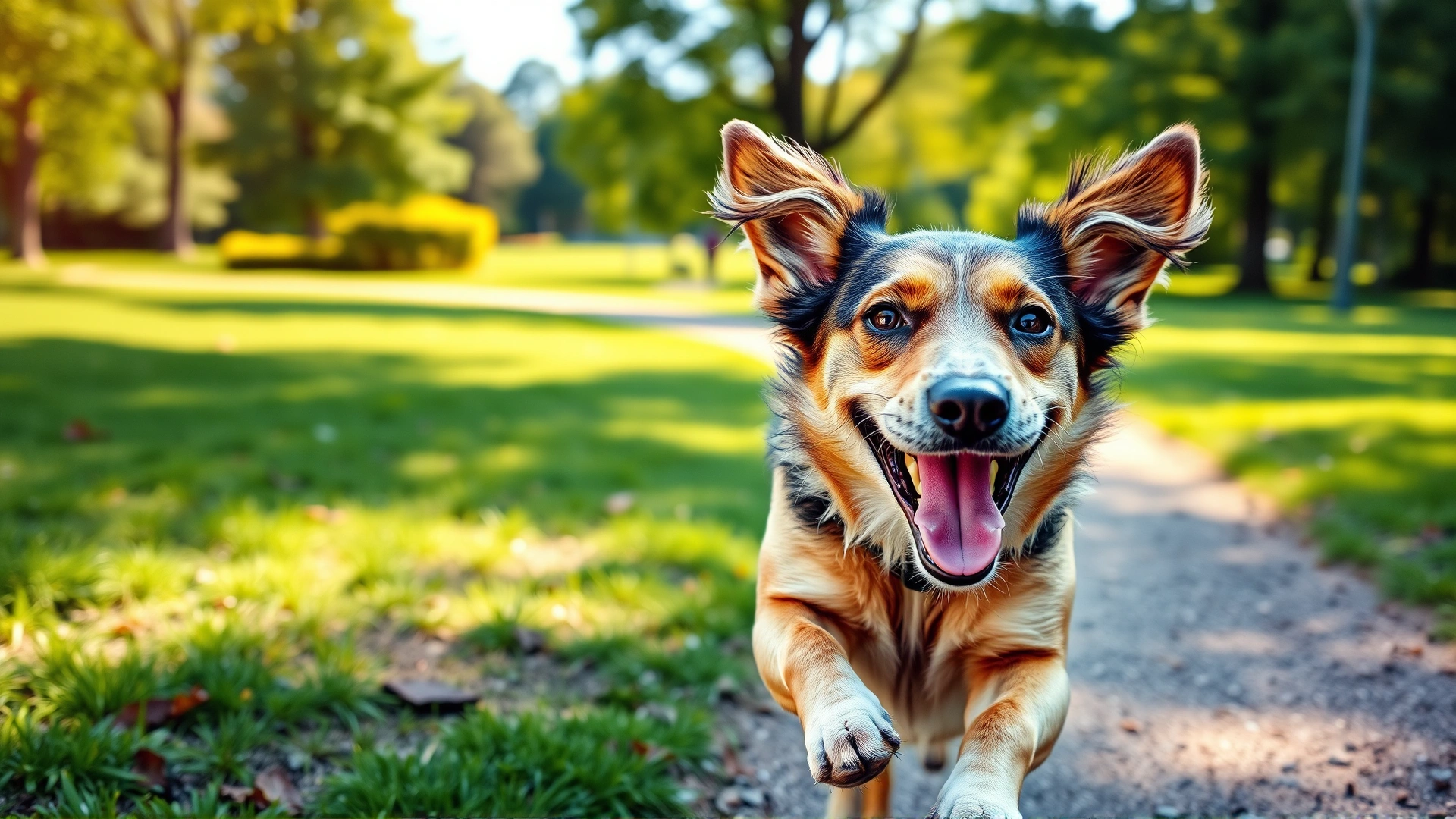 Energetic dog running happily through a sunny green park with ears flapping, representing recovery and good health, no text