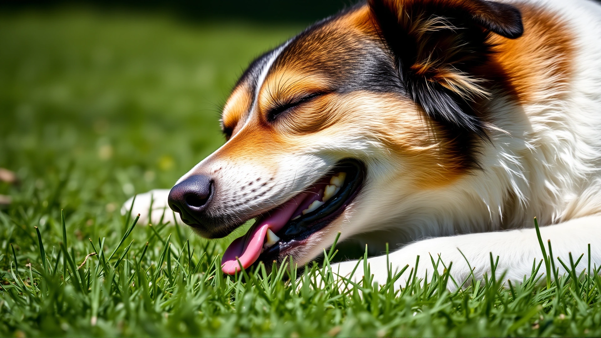 Close-up of a content dog lying on grass with eyes half-closed and tongue out, sunny day, vibrant green background.