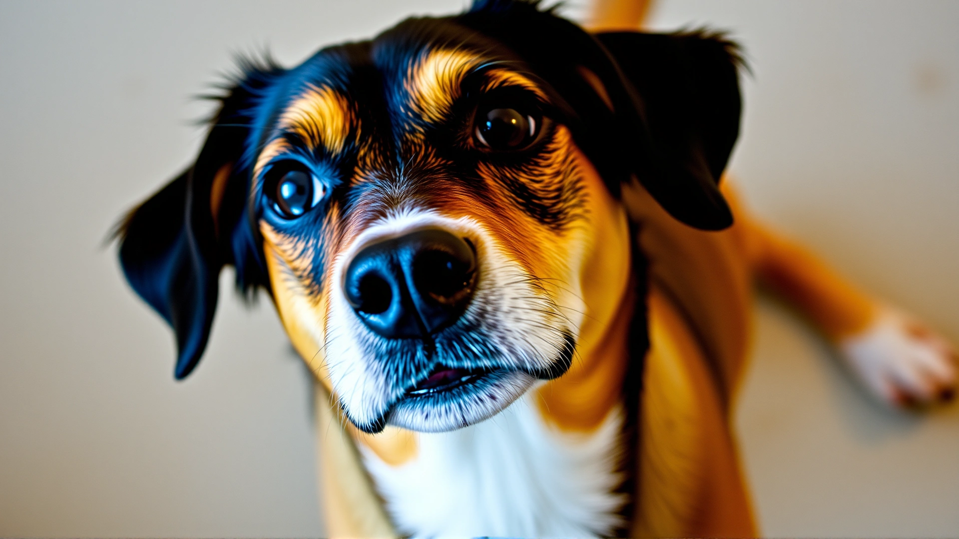 Close-up of a dog with bright eyes and a wagging tail, looking directly at the camera as if just heard its name.