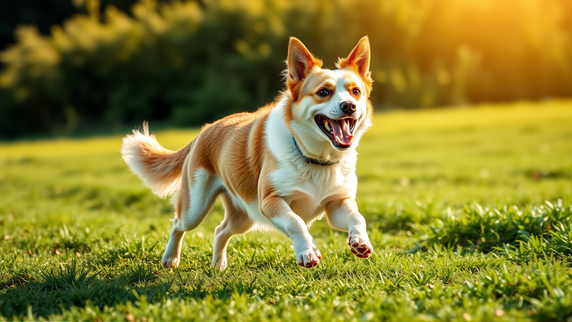 Energetic medium-sized dog running across a green field under sunlight, portraying vitality associated with healthy weight.
