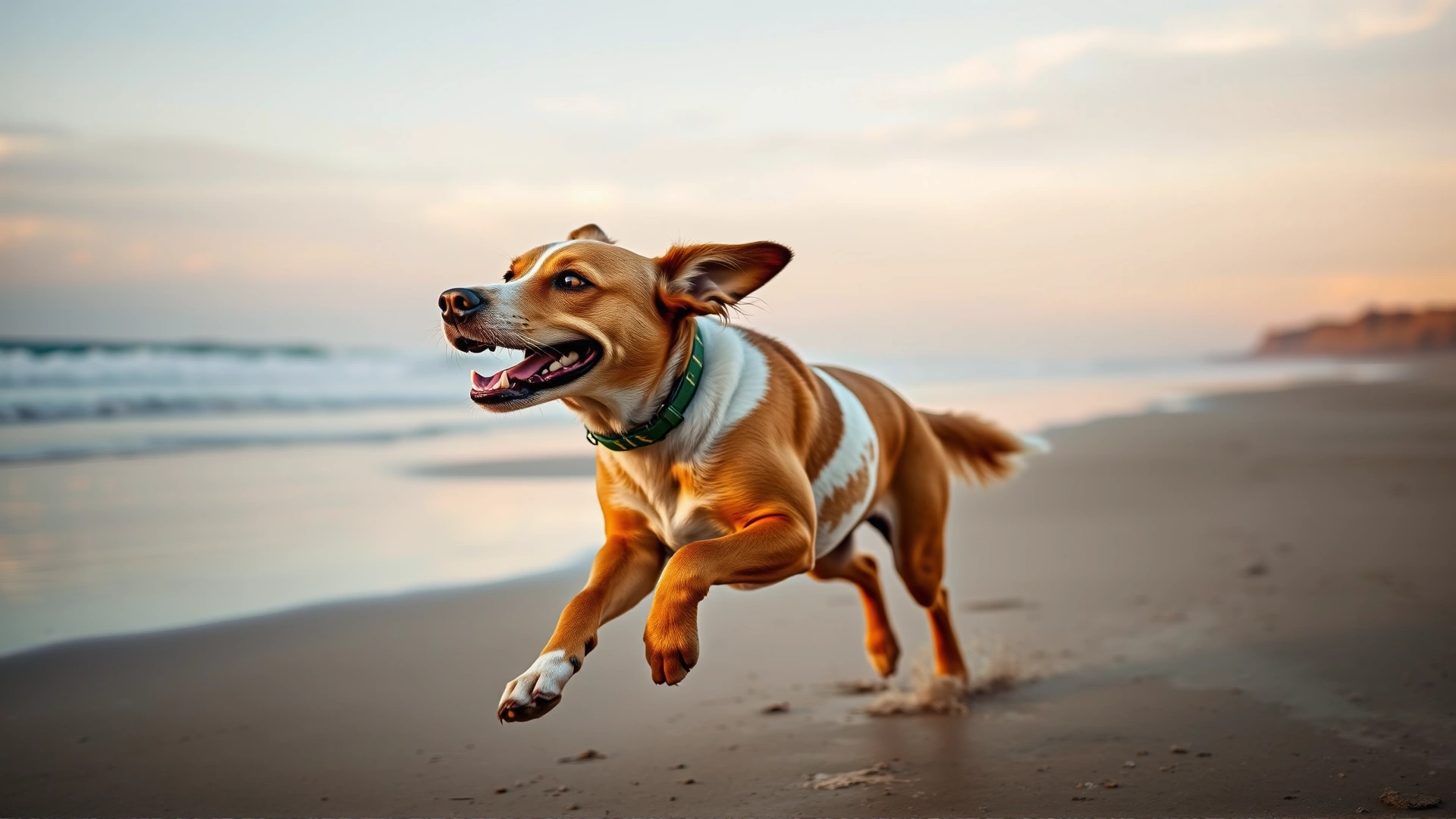 Energetic dog sprinting across a beach at sunset, ears flapping, illustrating life after successful hip surgery.