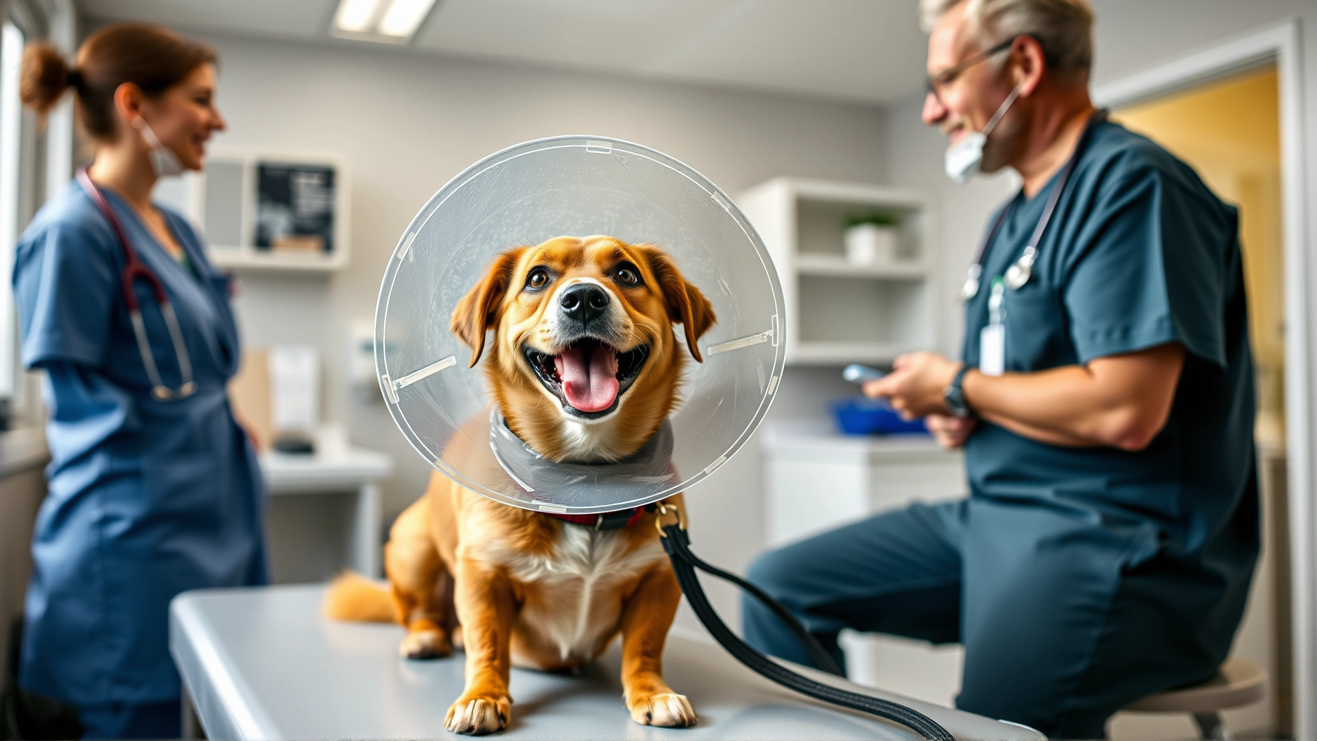 A cheerful dog wearing a clear plastic recovery cone sitting on an exam table while a veterinarian talks to the owner; bright, clean clinic environment