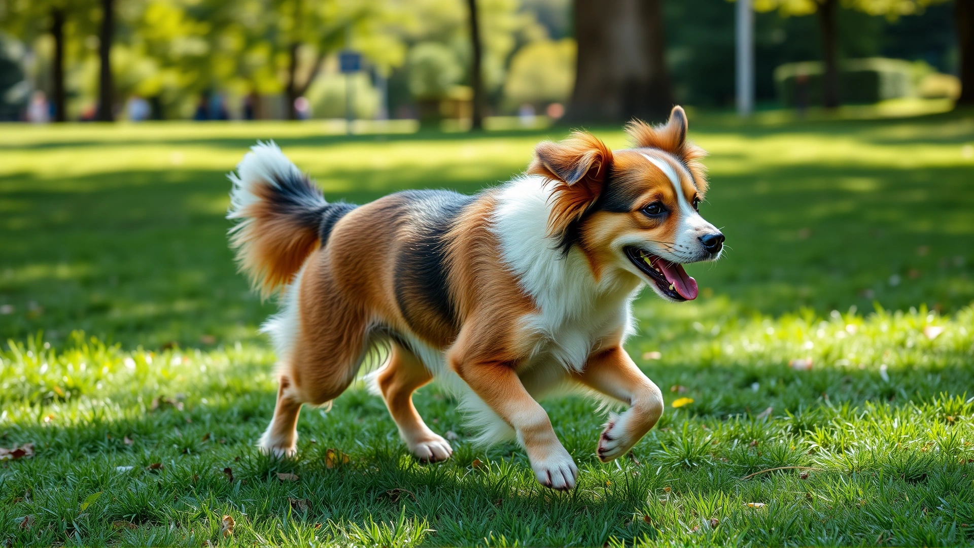 Healthy, joyful dog trotting on green grass in a sunny park, paws in perfect condition, tail wagging