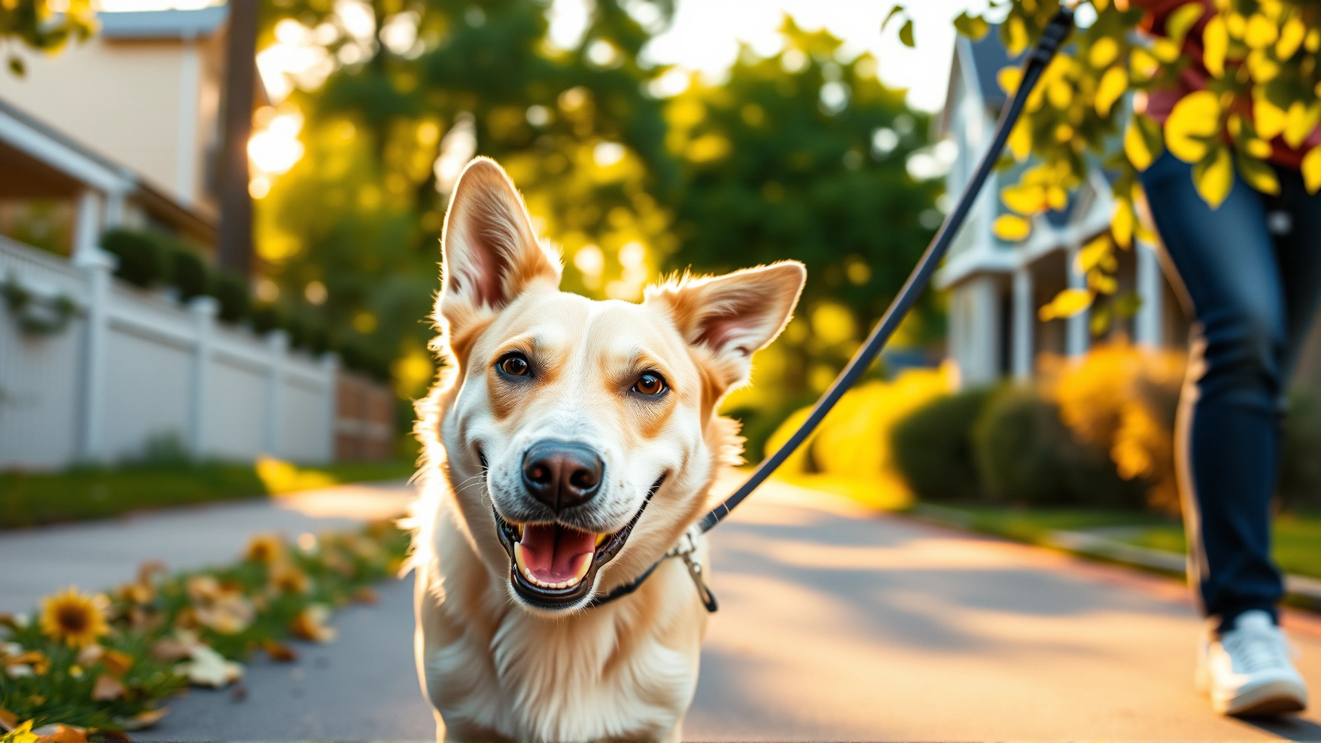 Smiling dog on a leash walking with its owner down a leafy neighborhood street at golden hour, joyful atmosphere.
