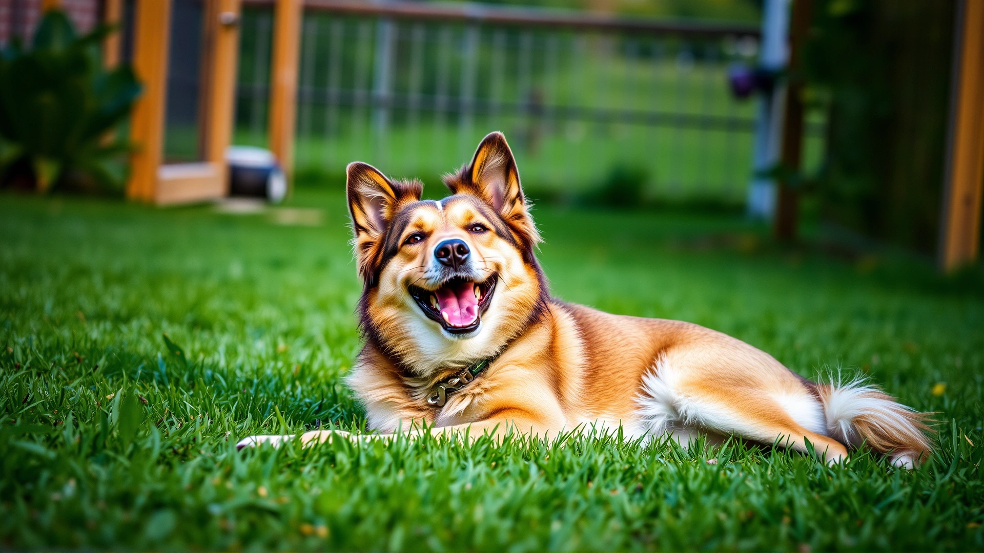Happy dog lying on the grass inside a yard, looking relaxed and safe, with blurred background showing open space