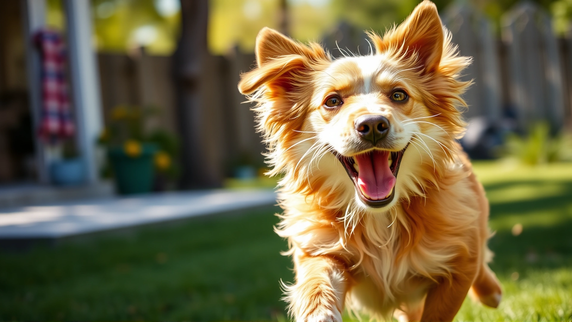 Energetic dog running freely in a sunny backyard after recovery, vibrant colors, motion blur on background