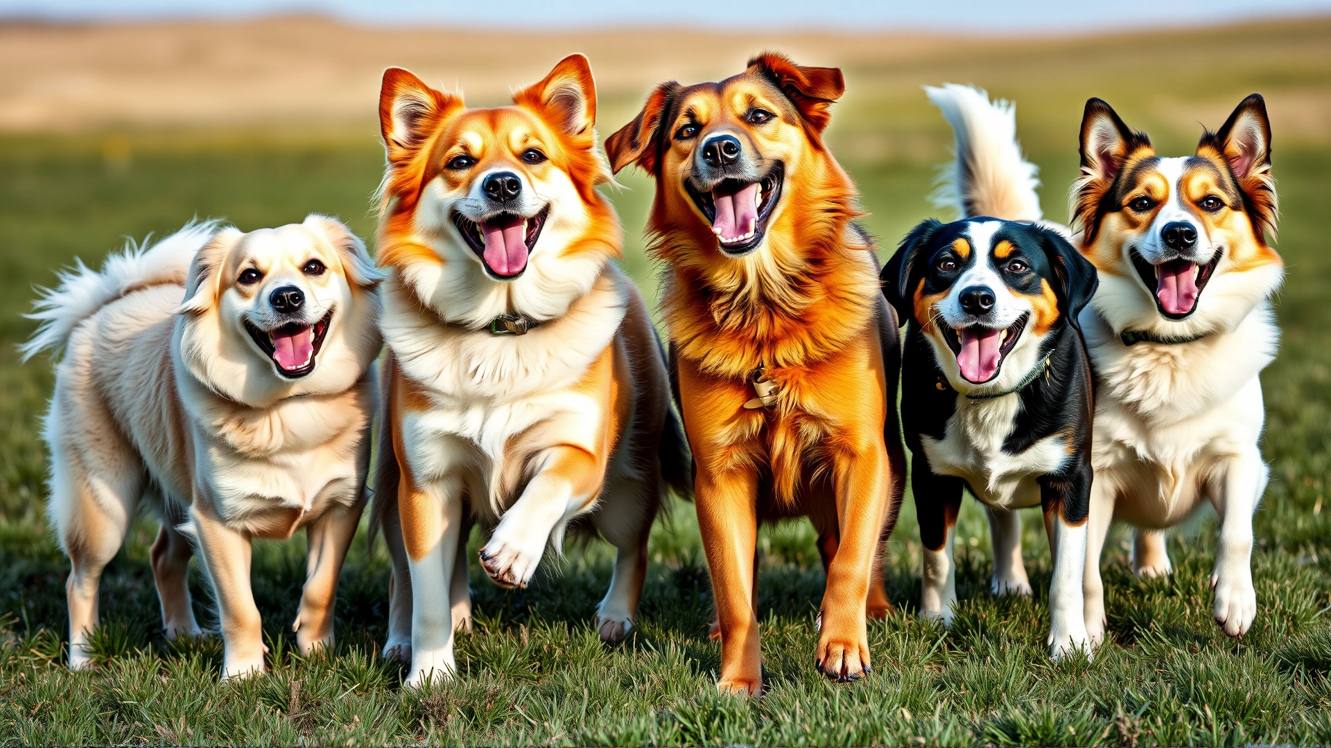 A group of well-socialized dogs of different breeds happily playing together on open grass.