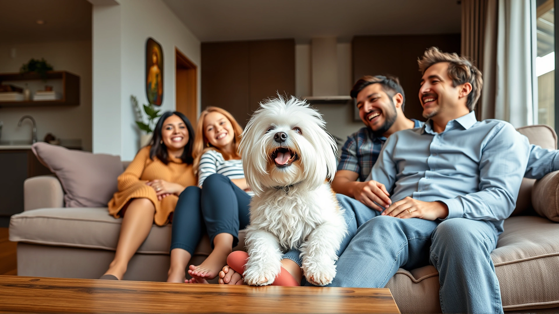 A modern living room scene with a family of four laughing while their Coton de Tulear lounges comfortably on the sofa.