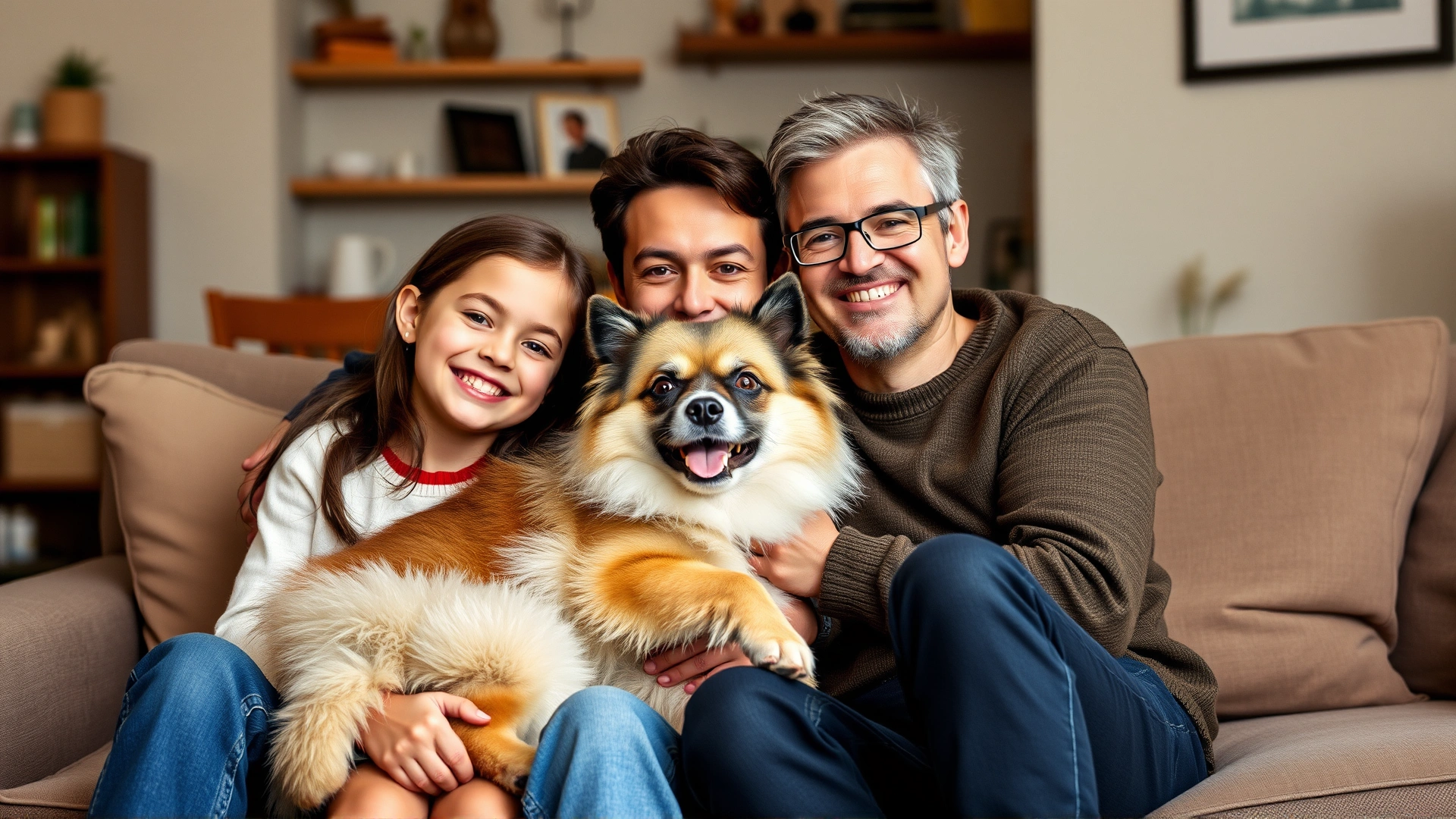 Smiling family with two children sitting on a sofa, cuddling their German Spitz dog in a cozy home interior.