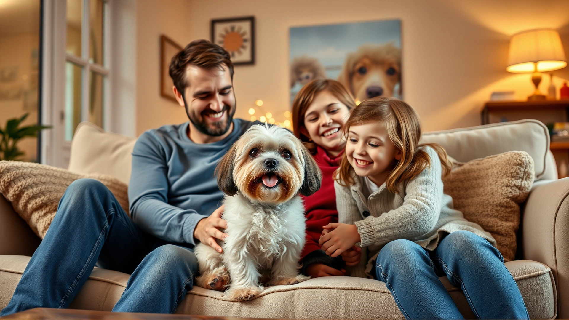 Warm indoor scene of a family sitting on a sofa playing with a Shih Tzu, children smiling, cozy living room lighting