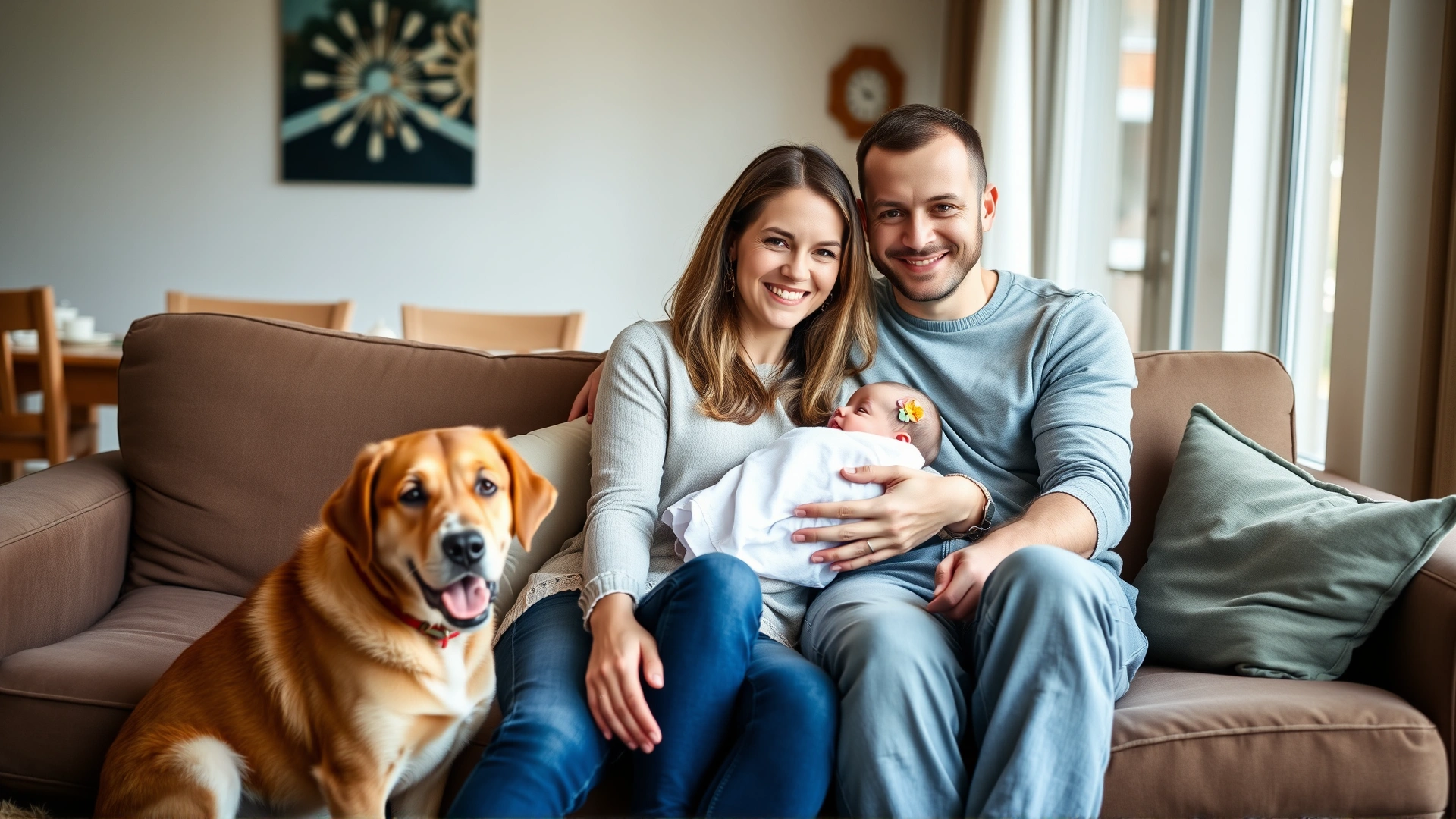 Bright living room scene of smiling parents sitting on a couch with a newborn in mother’s arms while a friendly mixed-breed dog sits beside them; natural daylight, candid moment.
