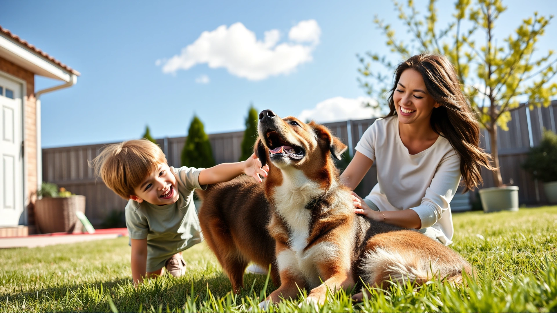 A cheerful family of three playing with their dog in a sunny backyard, illustrating peace of mind and togetherness.