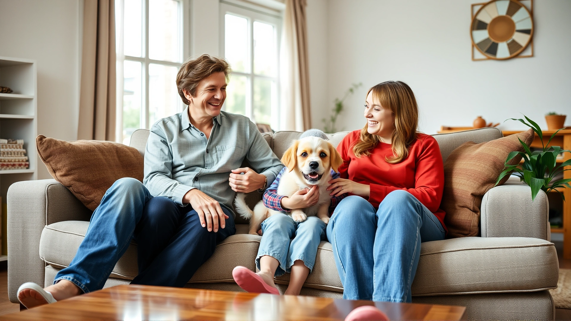 Middle-aged parents and two children sitting on a sofa laughing while holding a small mixed-breed dog, bright airy living room, candid lifestyle shot