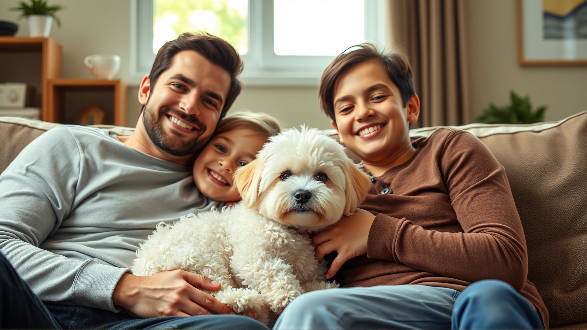 Smiling family with two children cuddling a Bichon Frise on a living room couch, bright natural light coming through window.