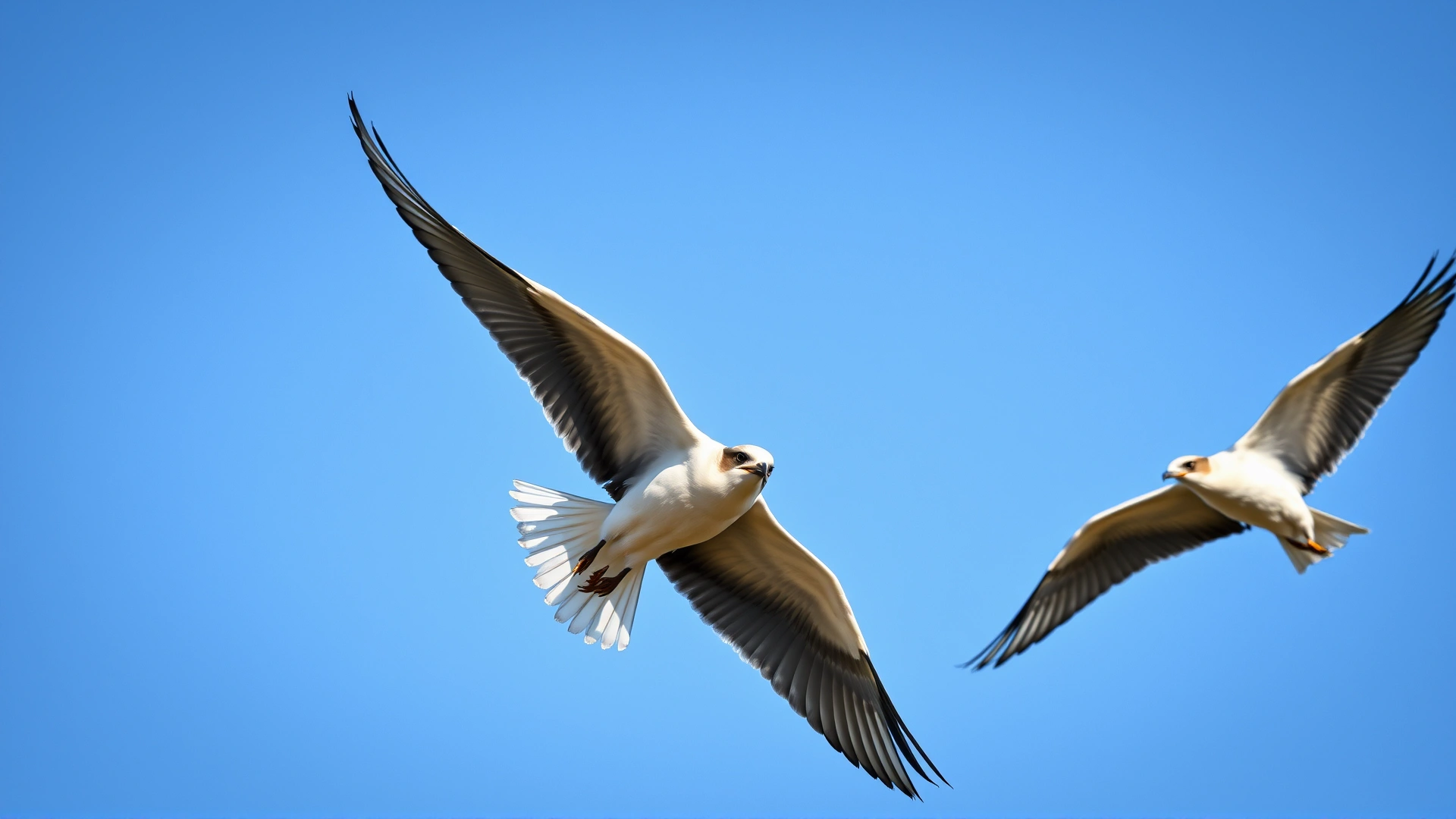 Group of healthy birds flying outdoors under blue sky, conveying wellness and freedom