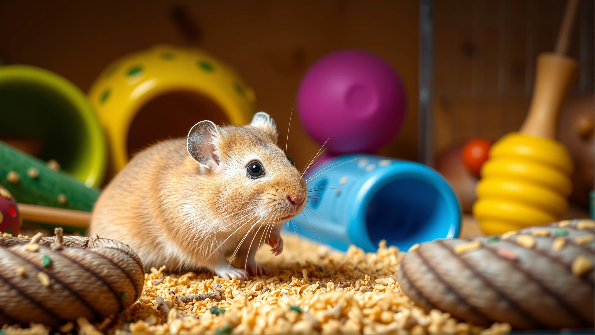 Playful gerbil exploring a spacious enclosure with tunnels and chew toys, vibrant colors, healthy appearance