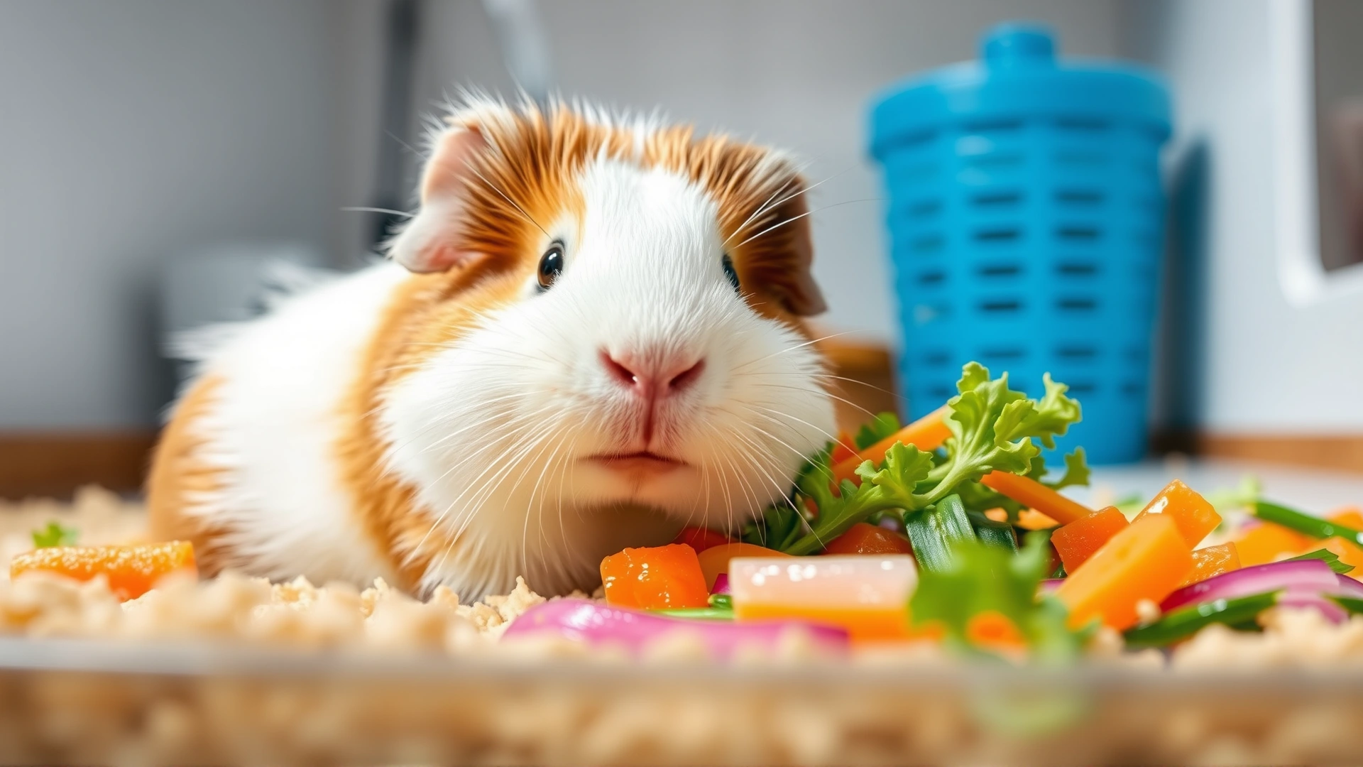 Healthy guinea pig eating fresh mixed vegetables in a clean, brightly lit environment