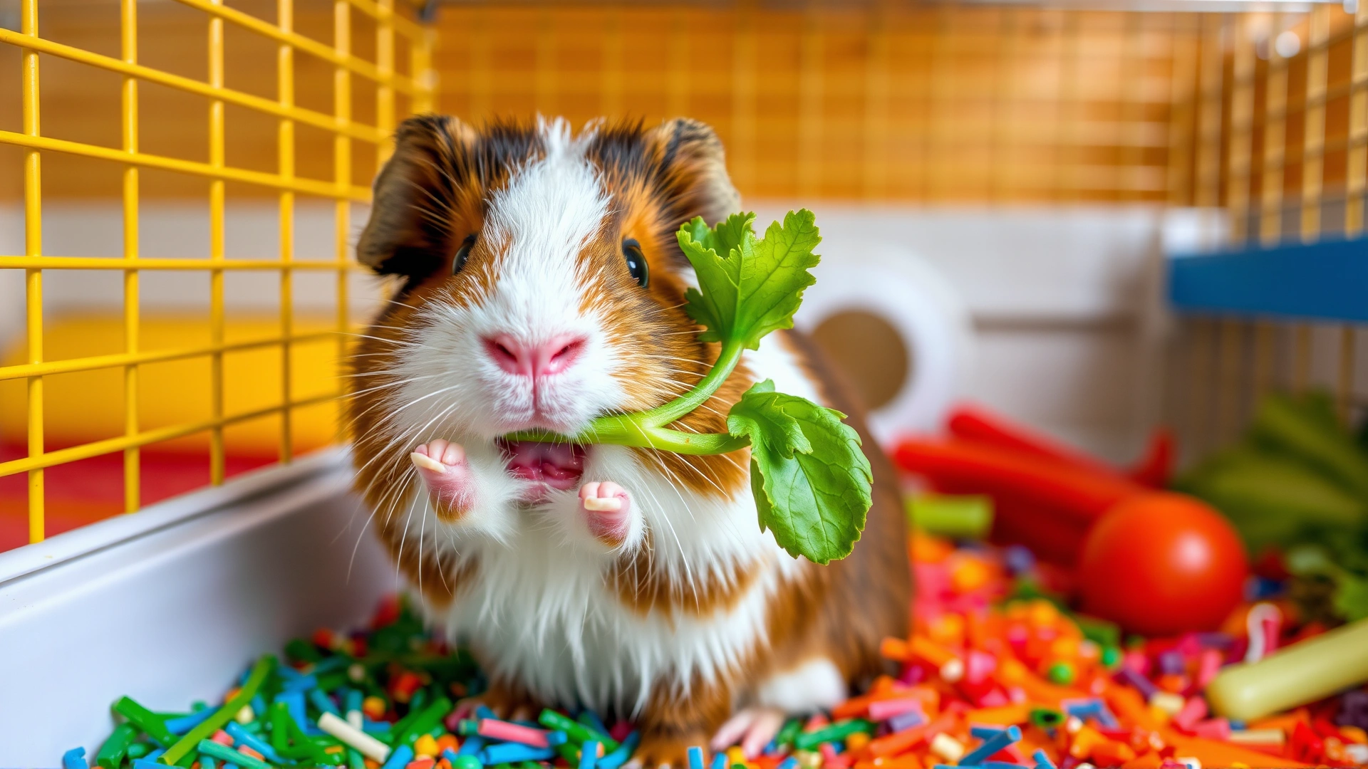 Healthy, well-groomed guinea pig eating fresh vegetables inside a spacious, clean cage with colorful bedding