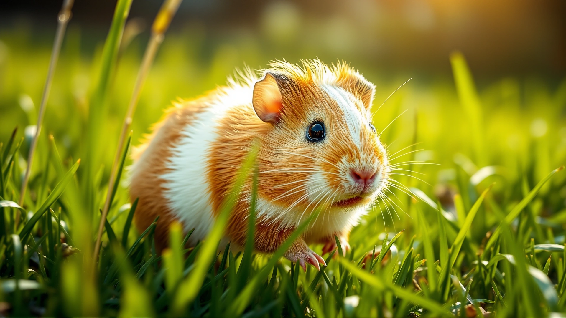 Energetic guinea pig running through fresh grass with vibrant lighting, fur looking shiny and healthy