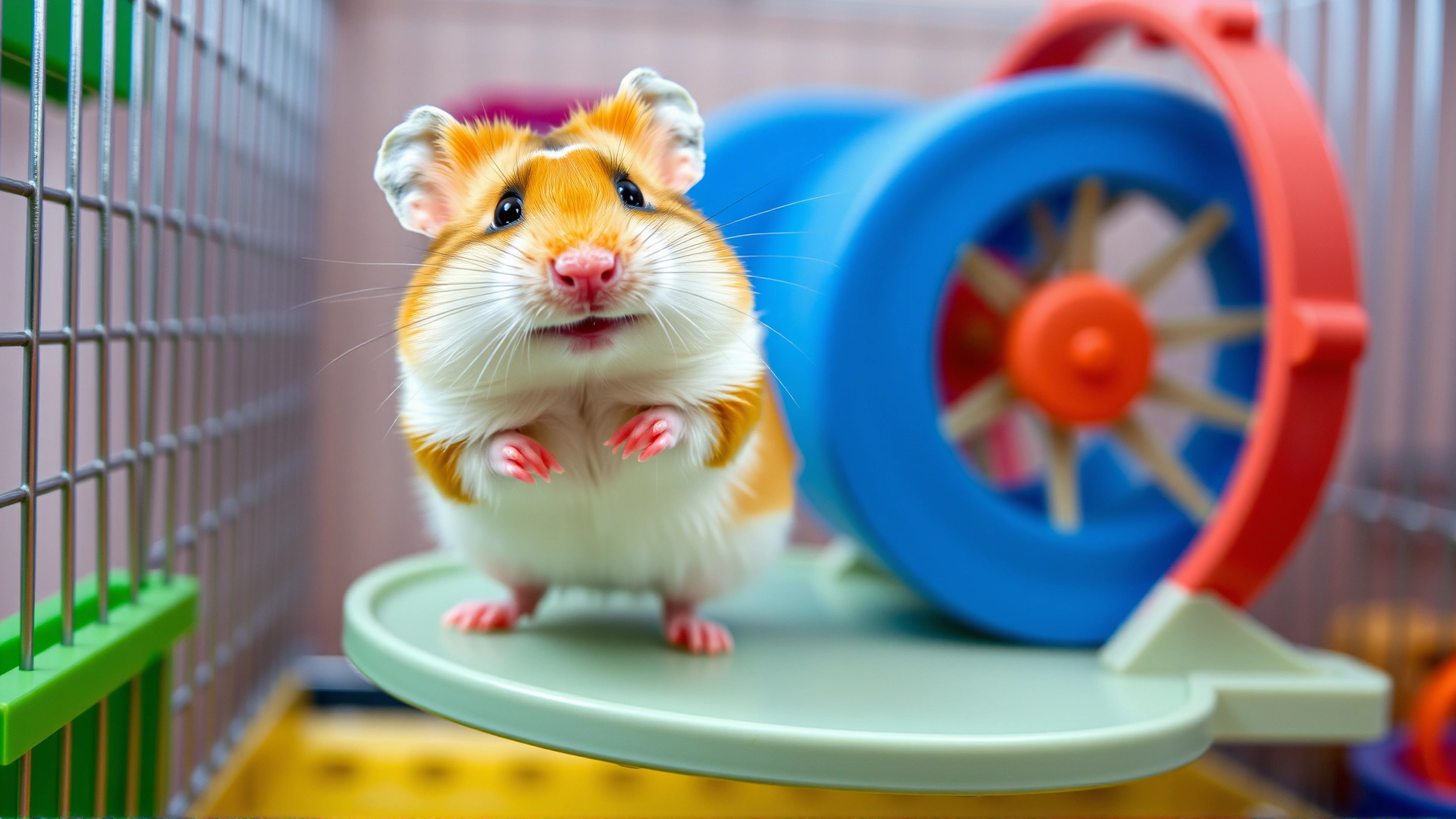 Healthy, energetic hamster running on a wheel in a spotless cage, smiling expression, vibrant colors