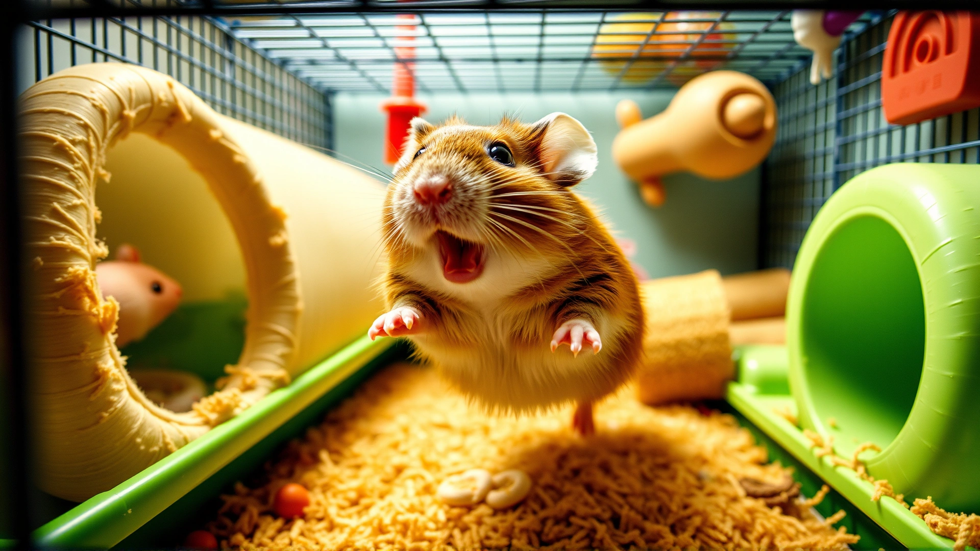 Happy, energetic hamster running in a spacious, clean cage equipped with tunnels, a wheel, and chew toys.