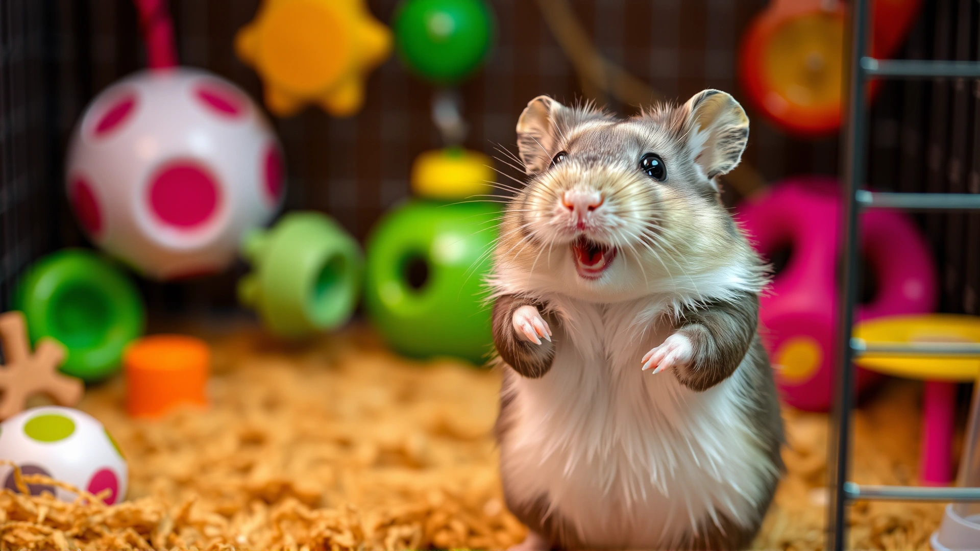 Cheerful hamster standing on hind legs with glossy fur inside a tidy cage, colorful toys in background, signifying health and happiness.