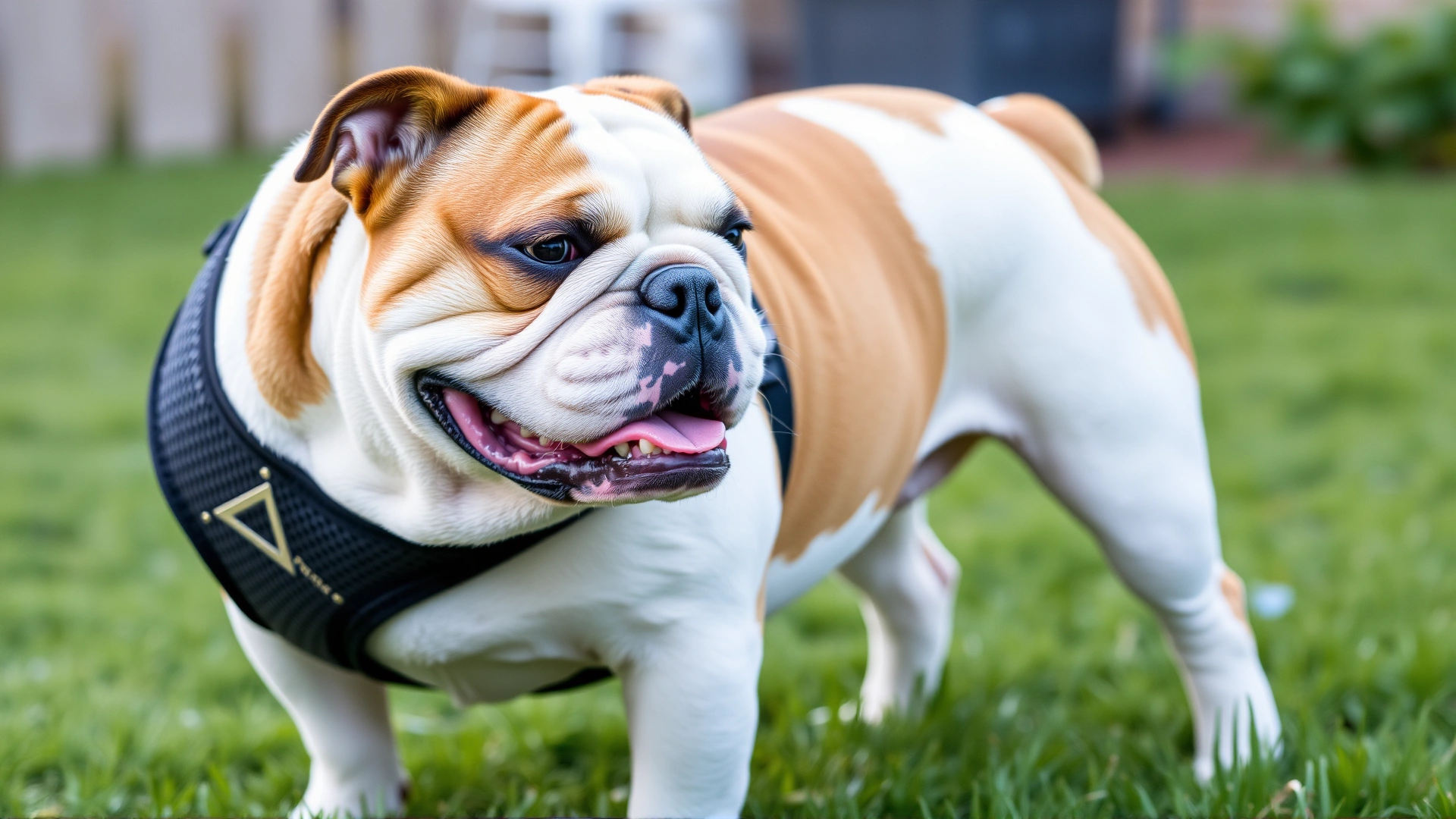 Smiling English Bulldog wearing a comfortable Y-shaped mesh harness, standing on grass in a backyard.
