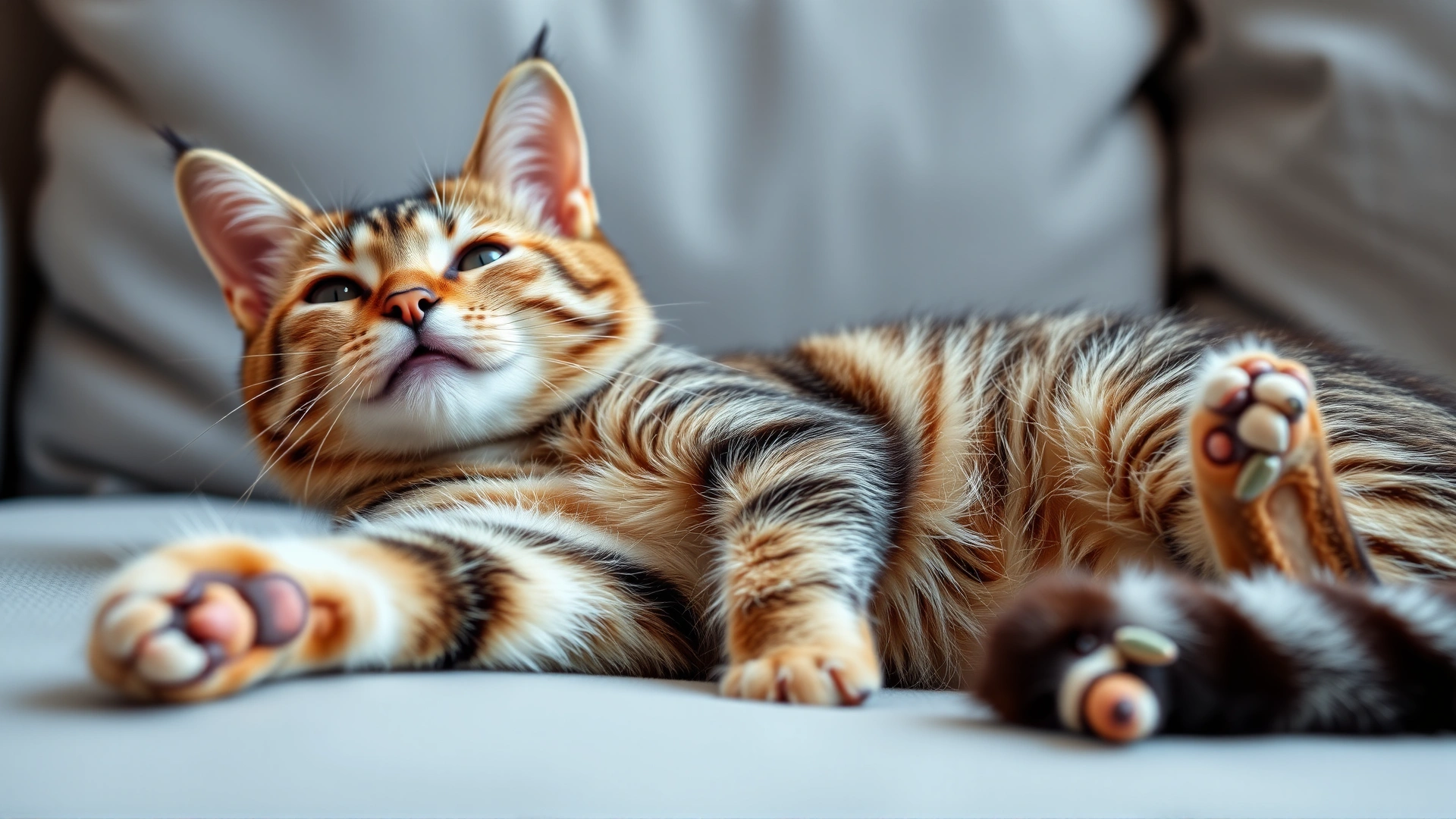 Healthy and playful domestic cat stretching on a couch, symbolizing successful recovery after treatment