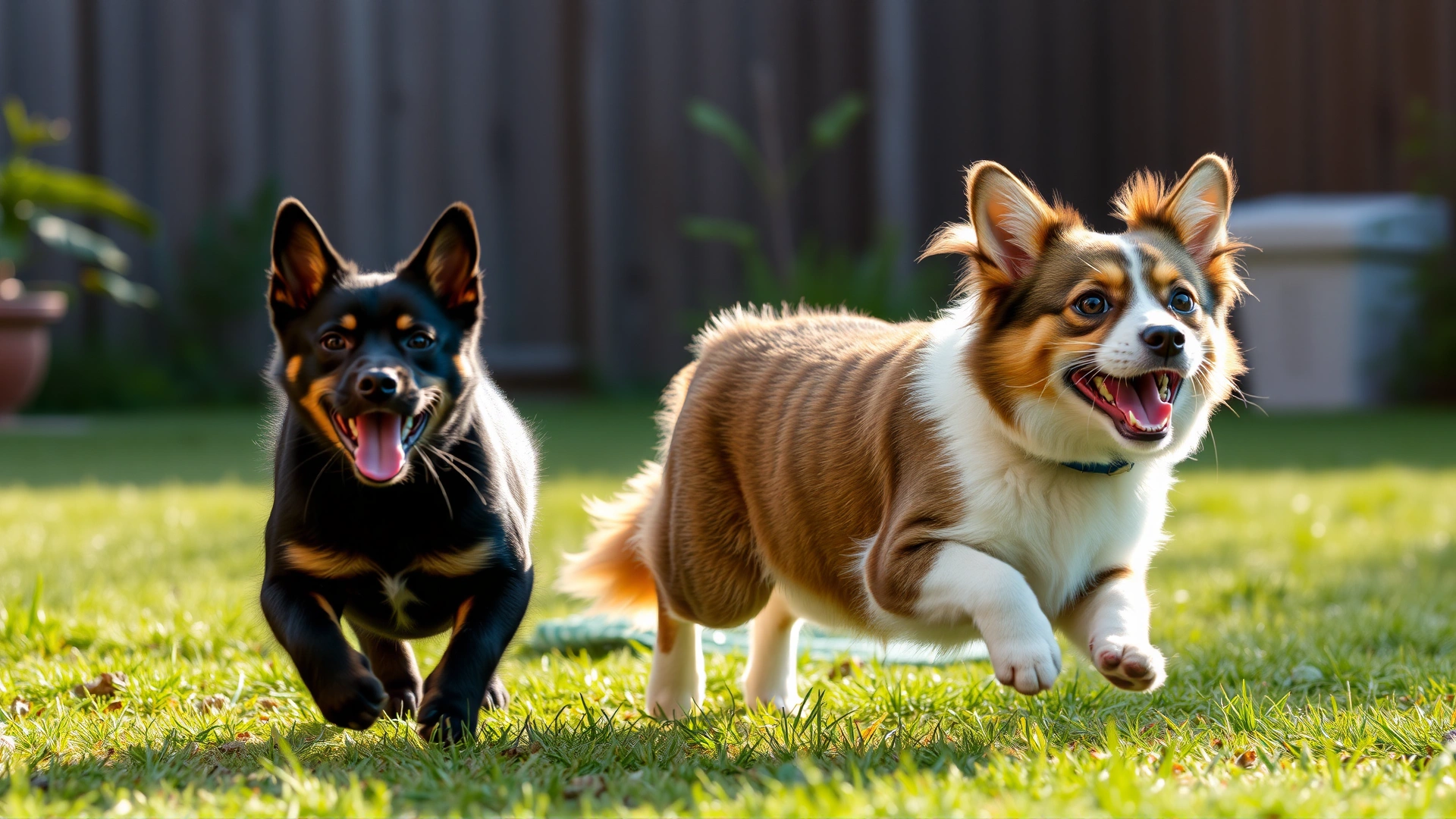 Playful cat and dog running together in a sunlit backyard, looking healthy and carefree.