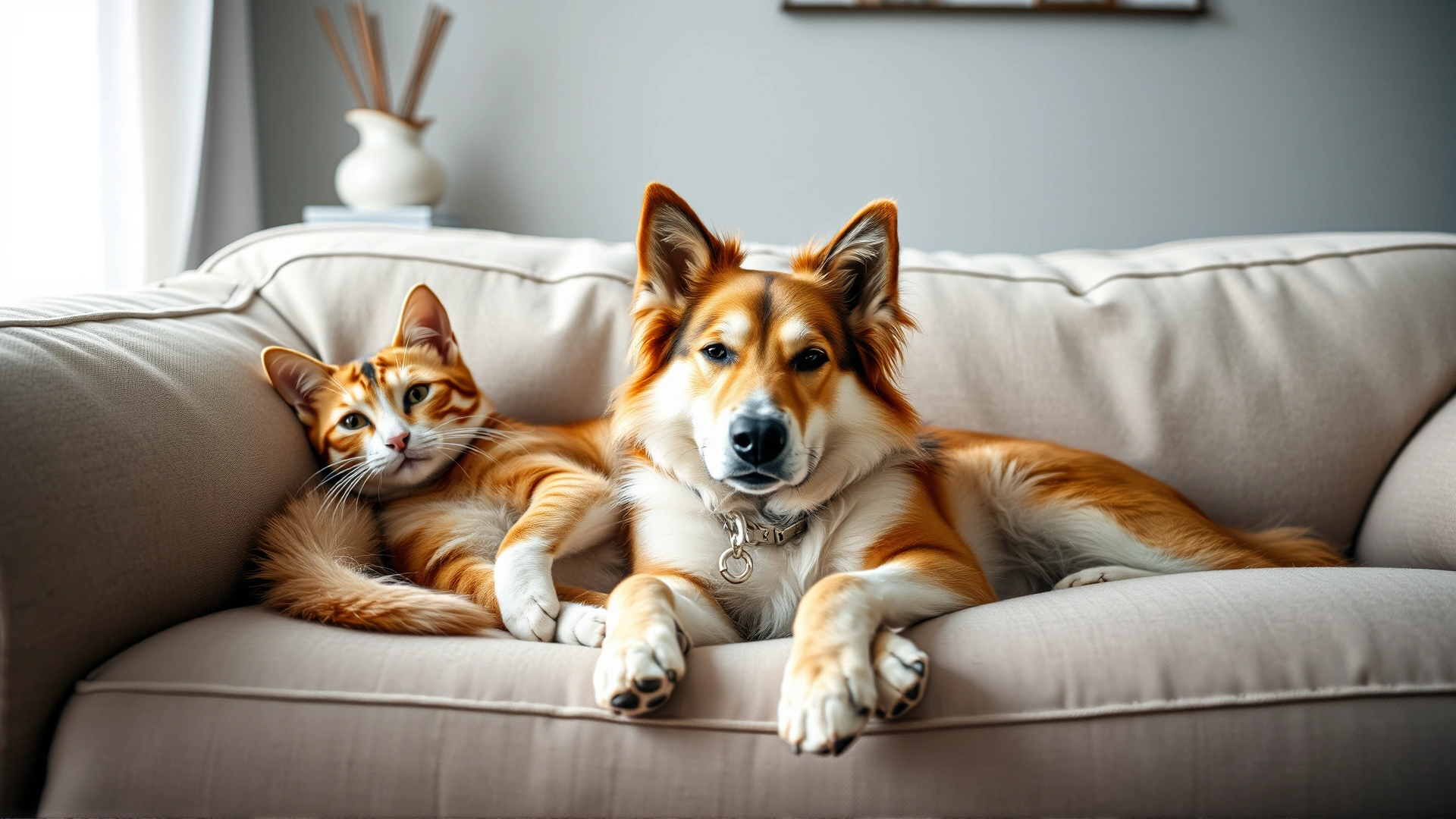 Relaxed adult cat and dog lounging together on a cozy sofa in their new home, symbolizing successful adoption