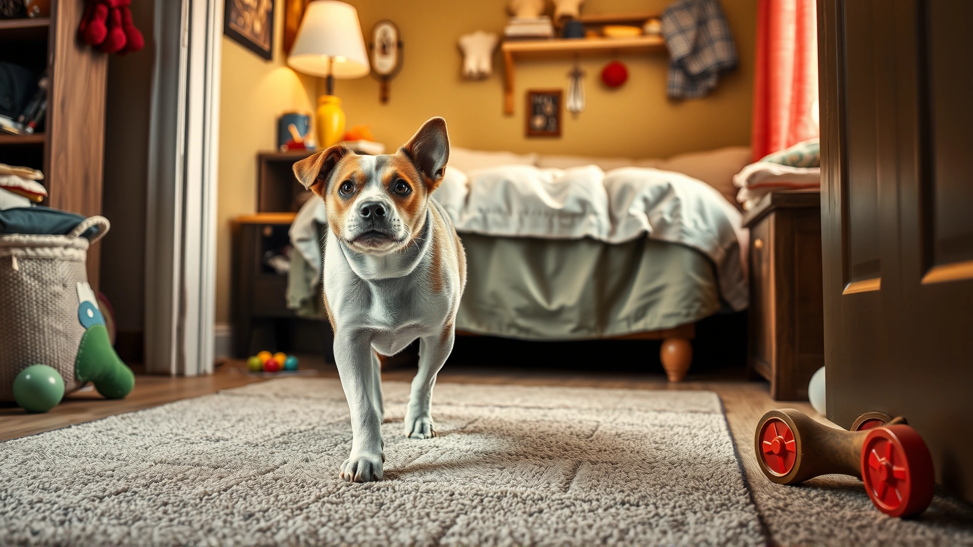 A rescued dog stepping into a tidy house full of toys and a comfy bed, looking curious.