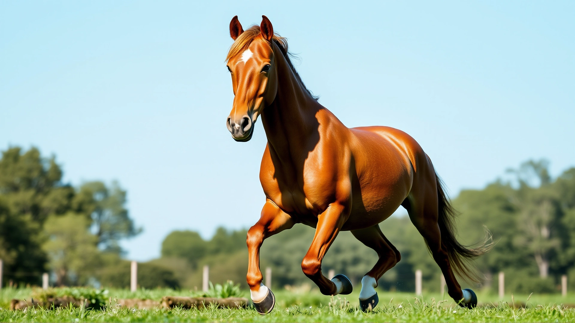 Healthy chestnut horse galloping freely in a green pasture under blue sky, energetic and lesion-free, no text.