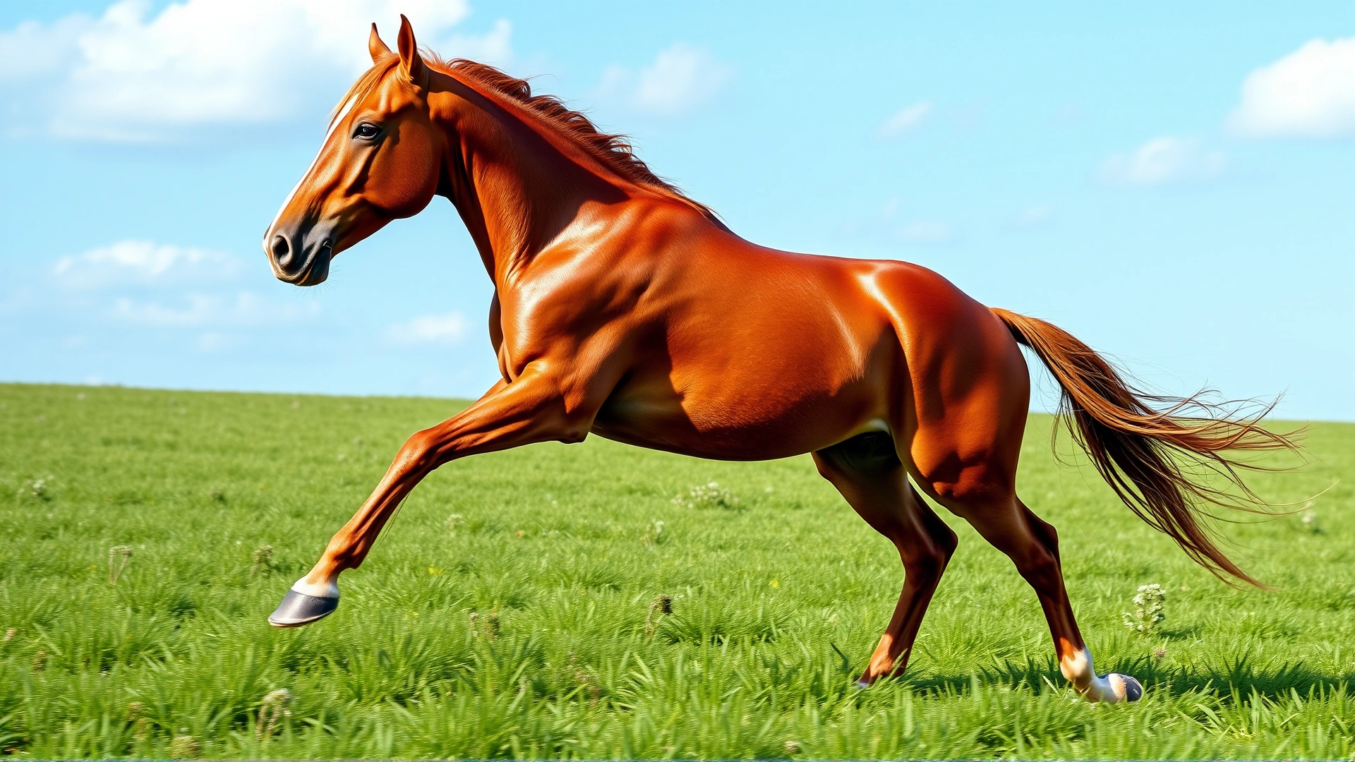 Action shot of a shiny-coated chestnut horse galloping freely in a green pasture under a clear sky