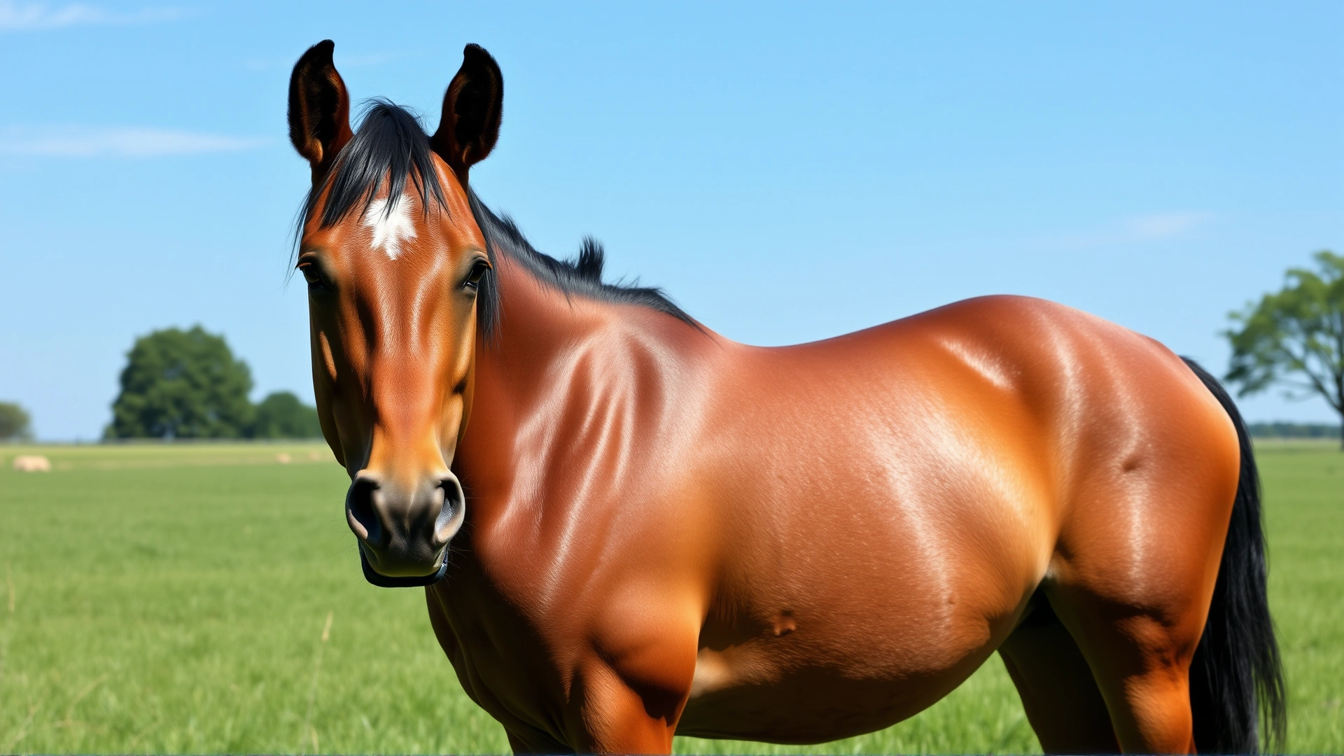 Healthy shiny bay horse standing in a lush green pasture under a clear blue sky, ears forward and relaxed