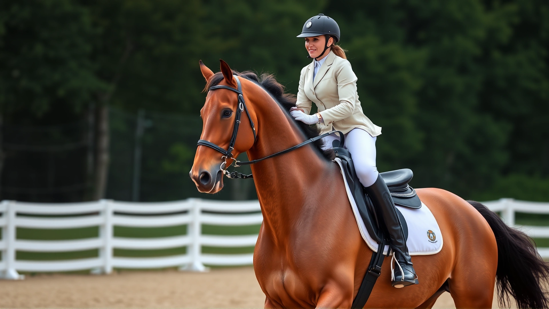 Professional rider on a dressage horse moving in a relaxed frame with ears forward, illustrating comfort with the bit after treatment, no text.